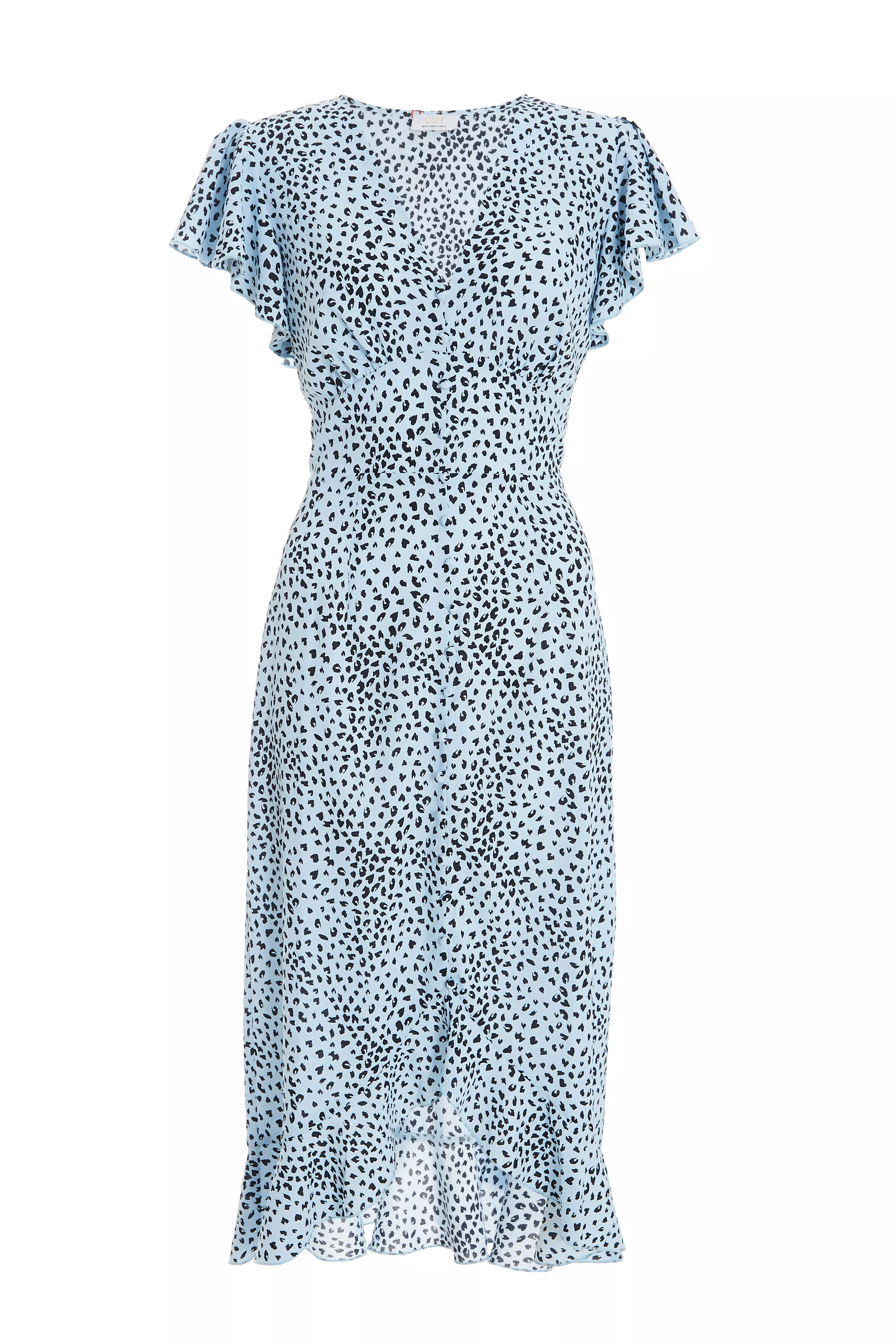 Blue Animal Print Frill Sleeve Midi Dress