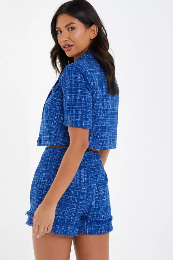 Royal Blue Checked Boucle Cropped Blazer