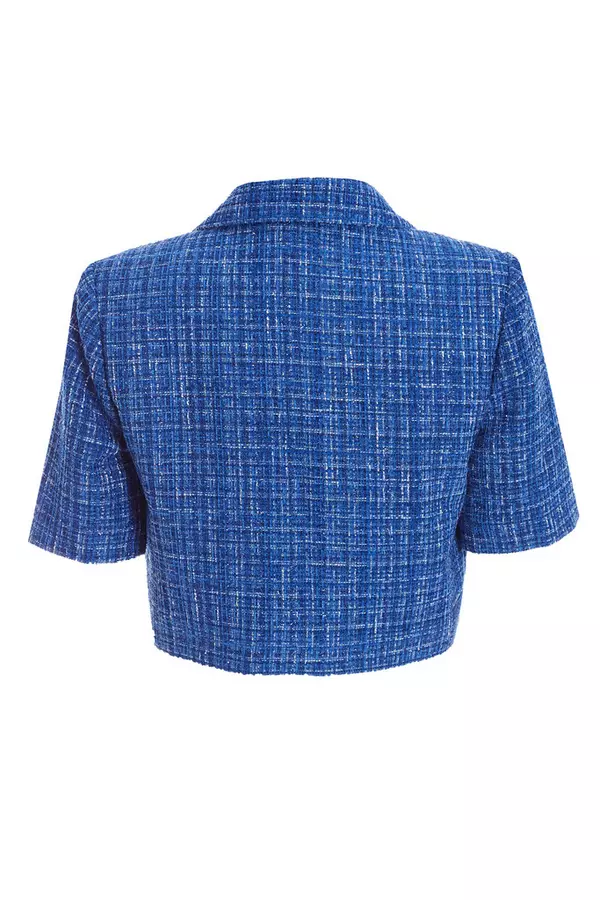 Royal Blue Checked Boucle Cropped Blazer
