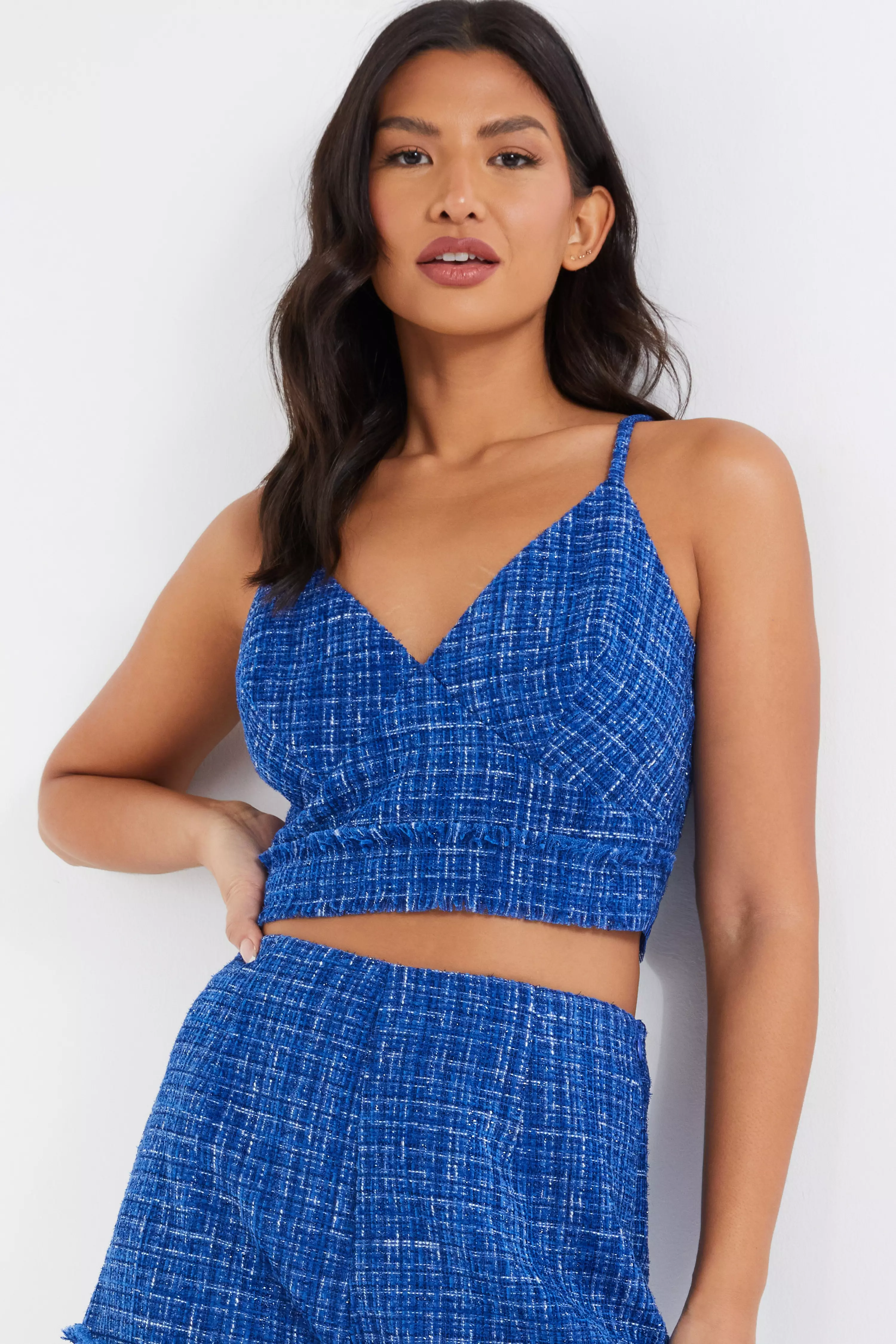Royal Blue Checked Boucle Crop Top