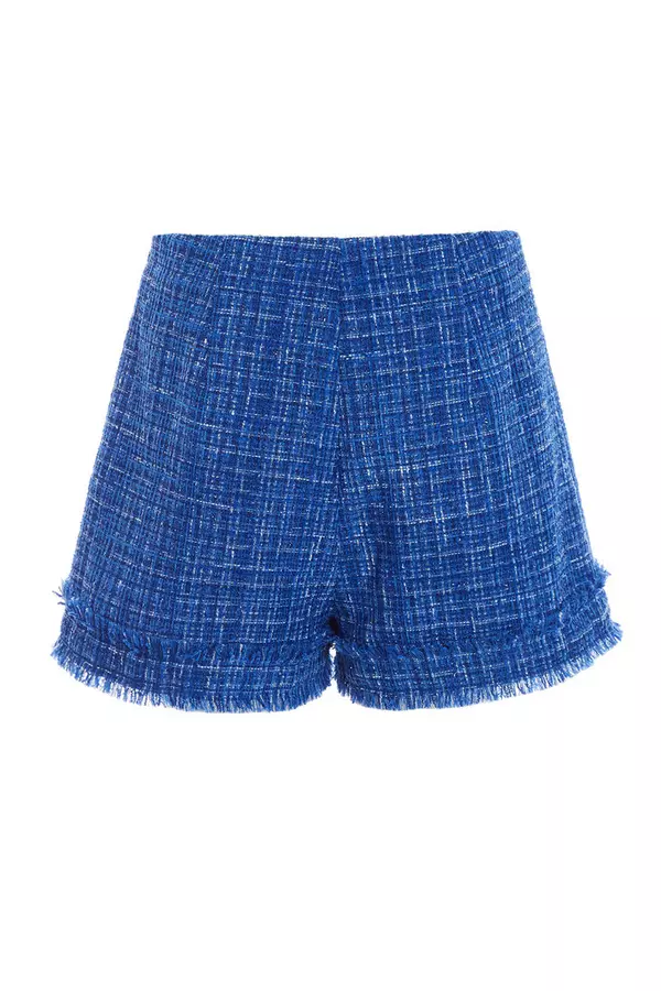 Royal Blue Checked Boucle Shorts