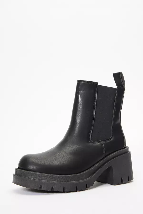 Black Faux Leather Chunky Heeled Ankle Boots