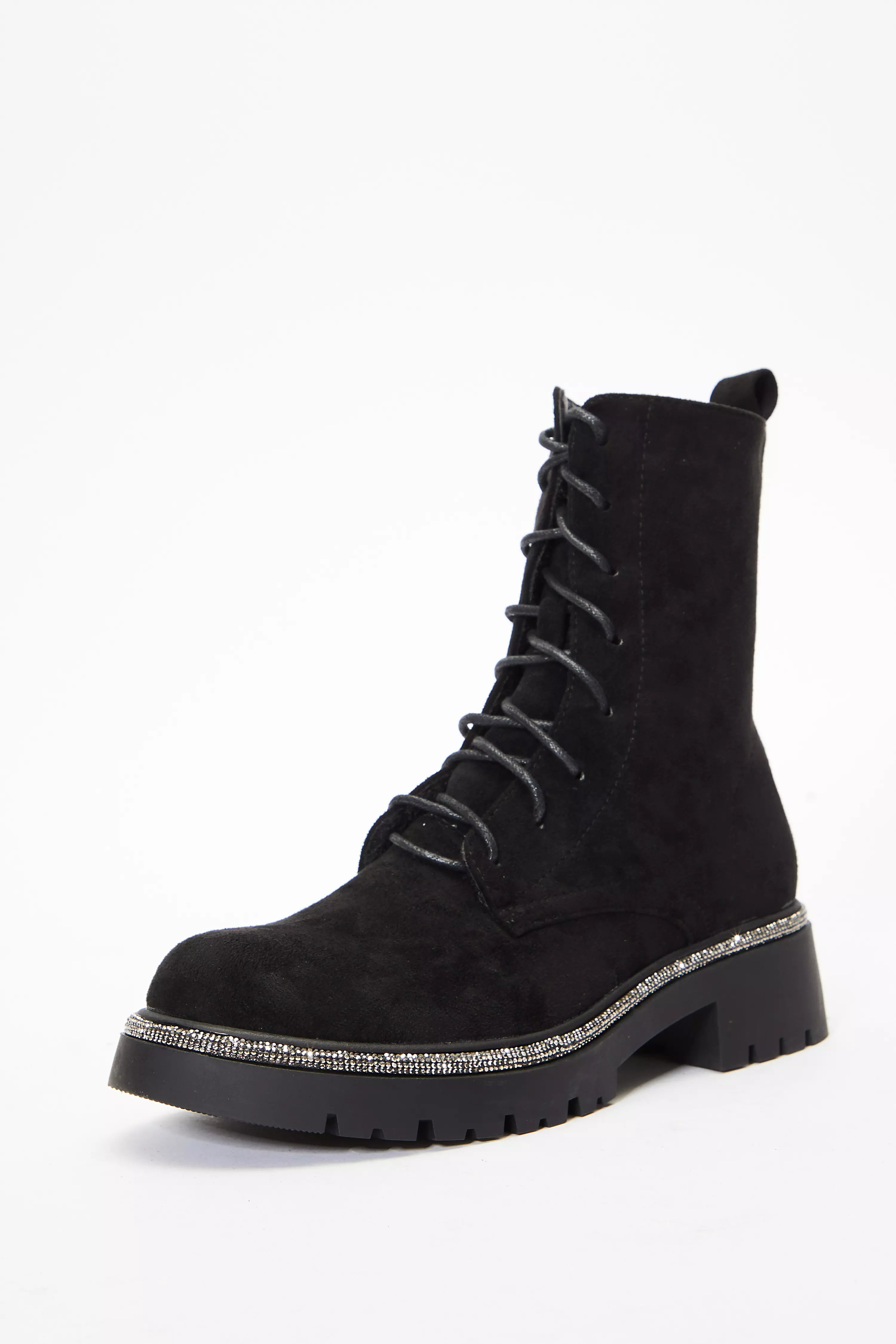 Black Faux Suede Diamante Lace Up Boots