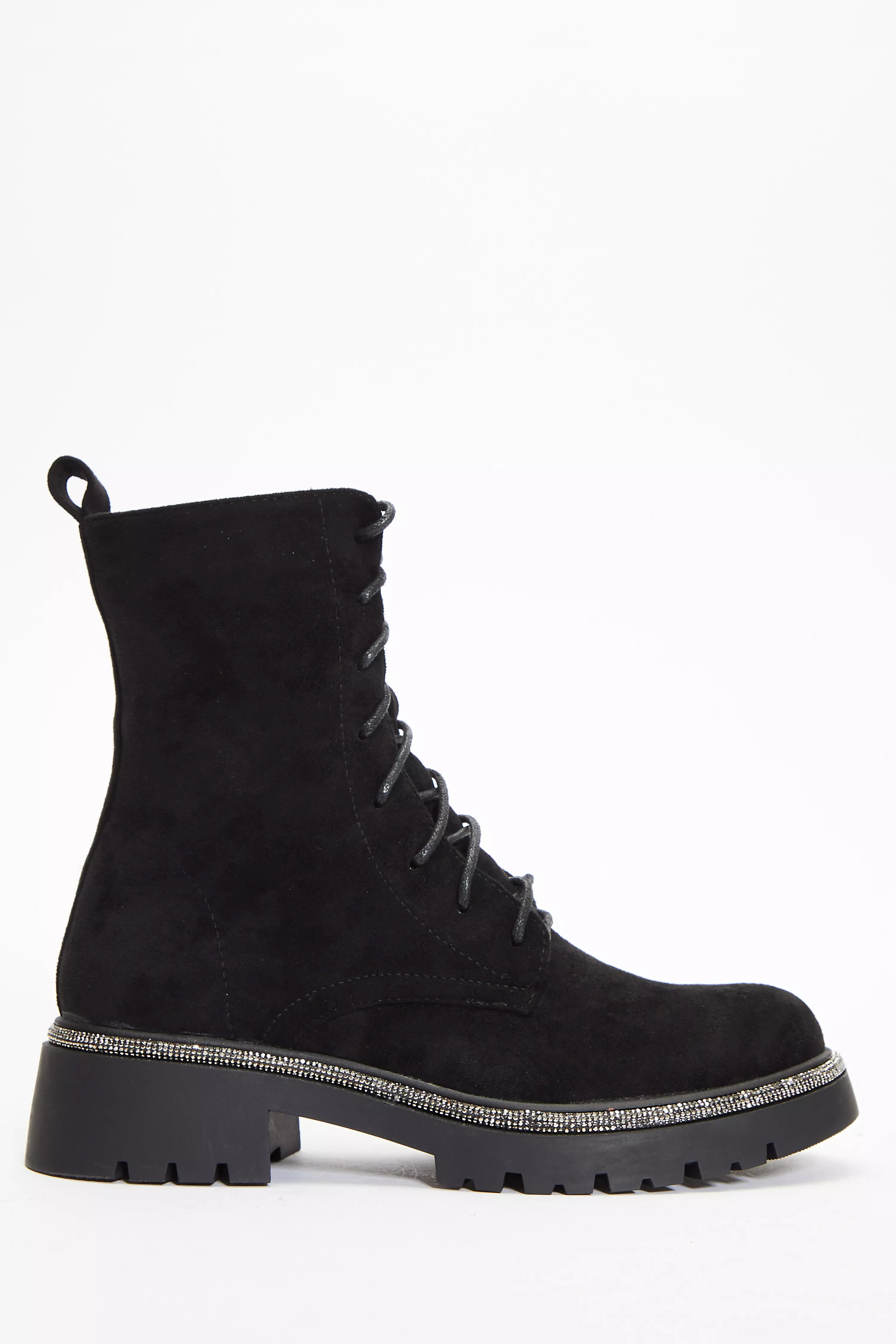 Black Faux Suede Diamante Lace Up Boots