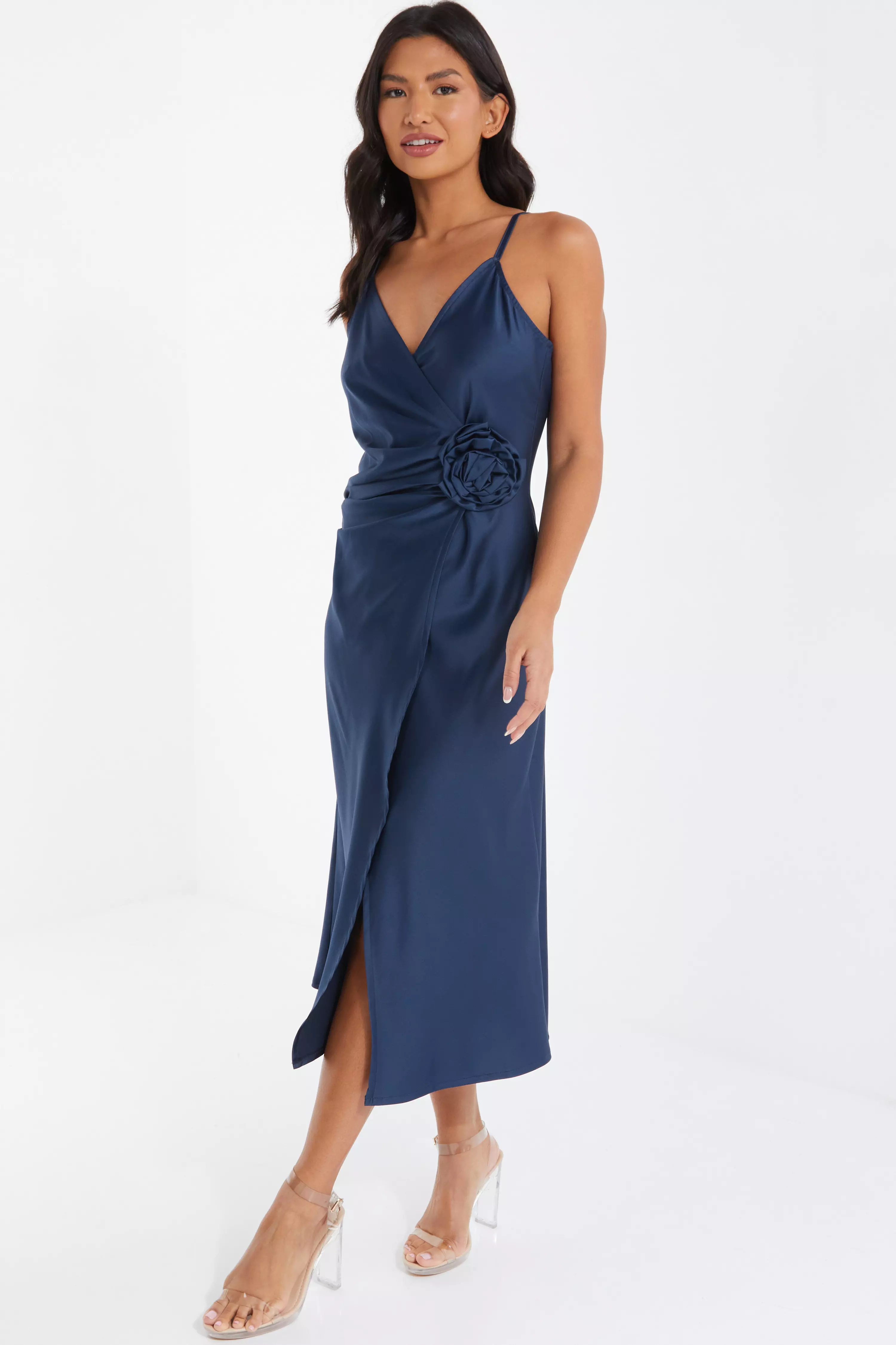 Navy Satin Wrap Floral Midi Dress