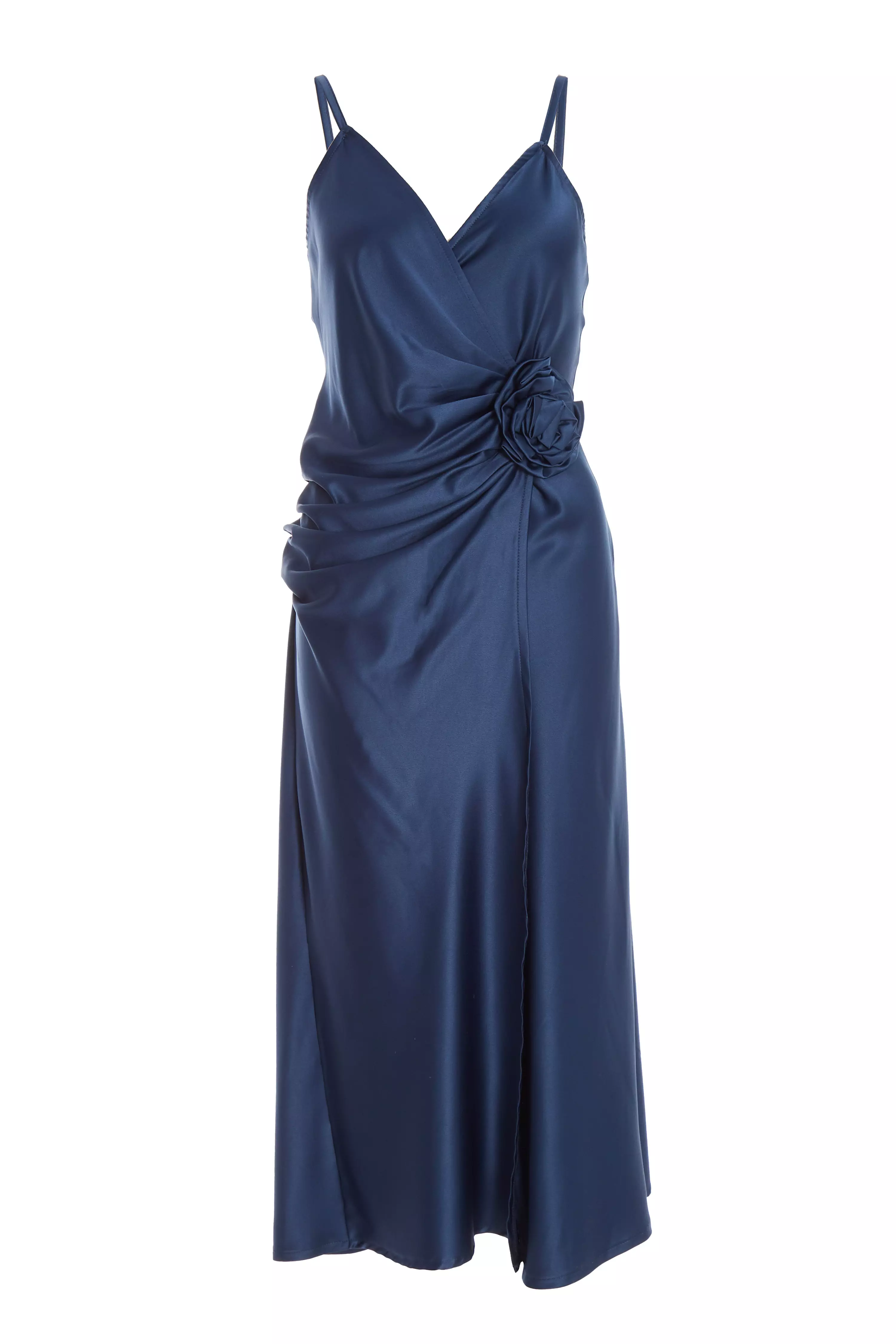 Navy Satin Wrap Floral Midi Dress