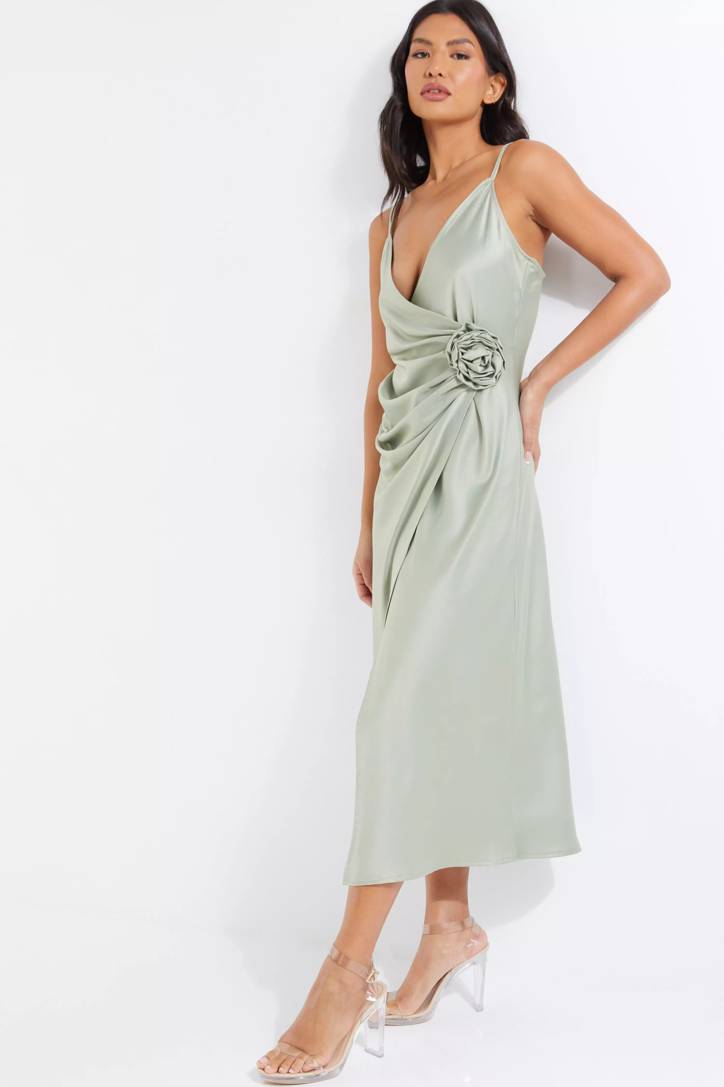 Sage Satin Wrap Floral Midi Dress