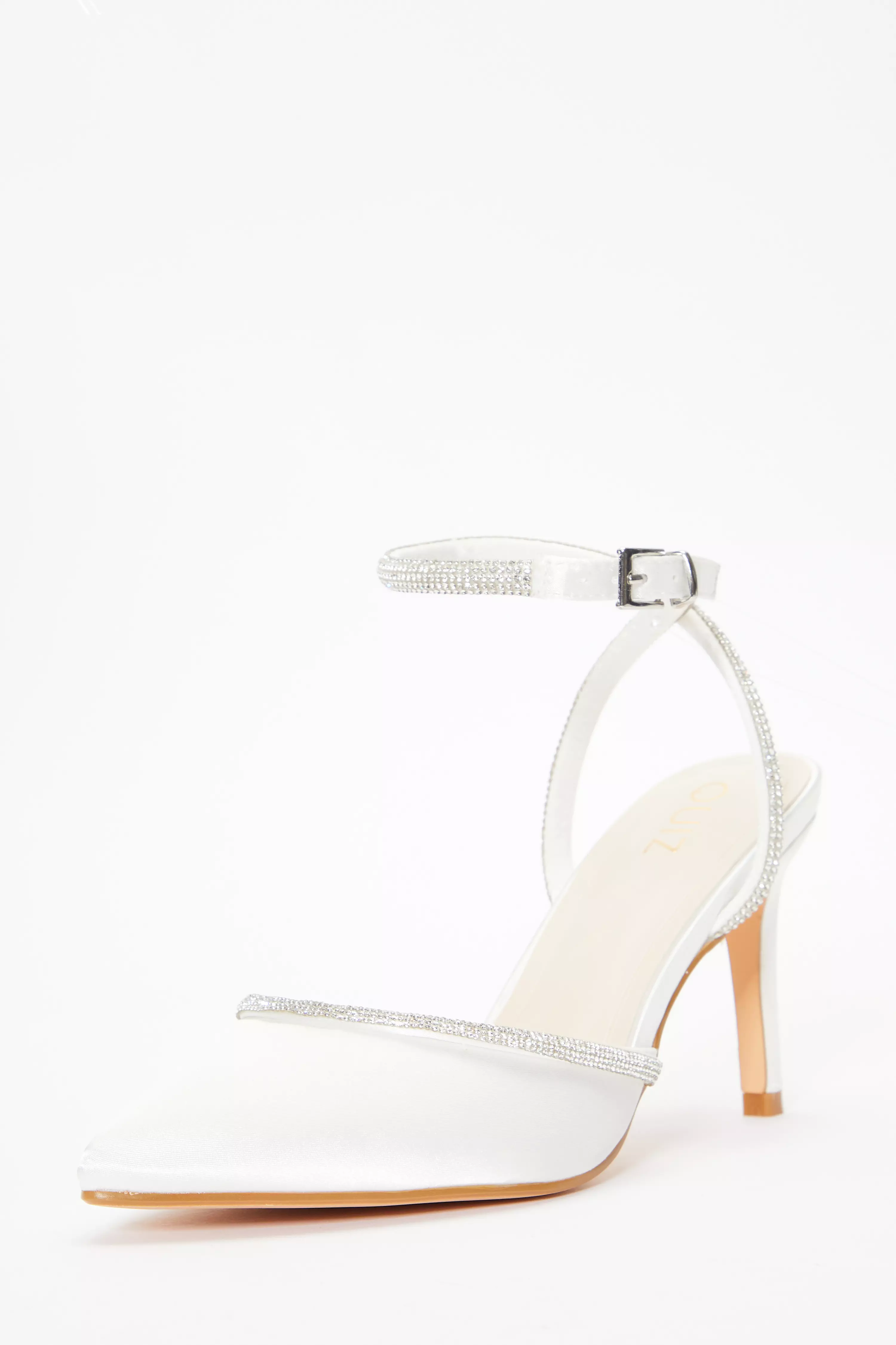 Bridal White Satin Diamante Trim Court Heels