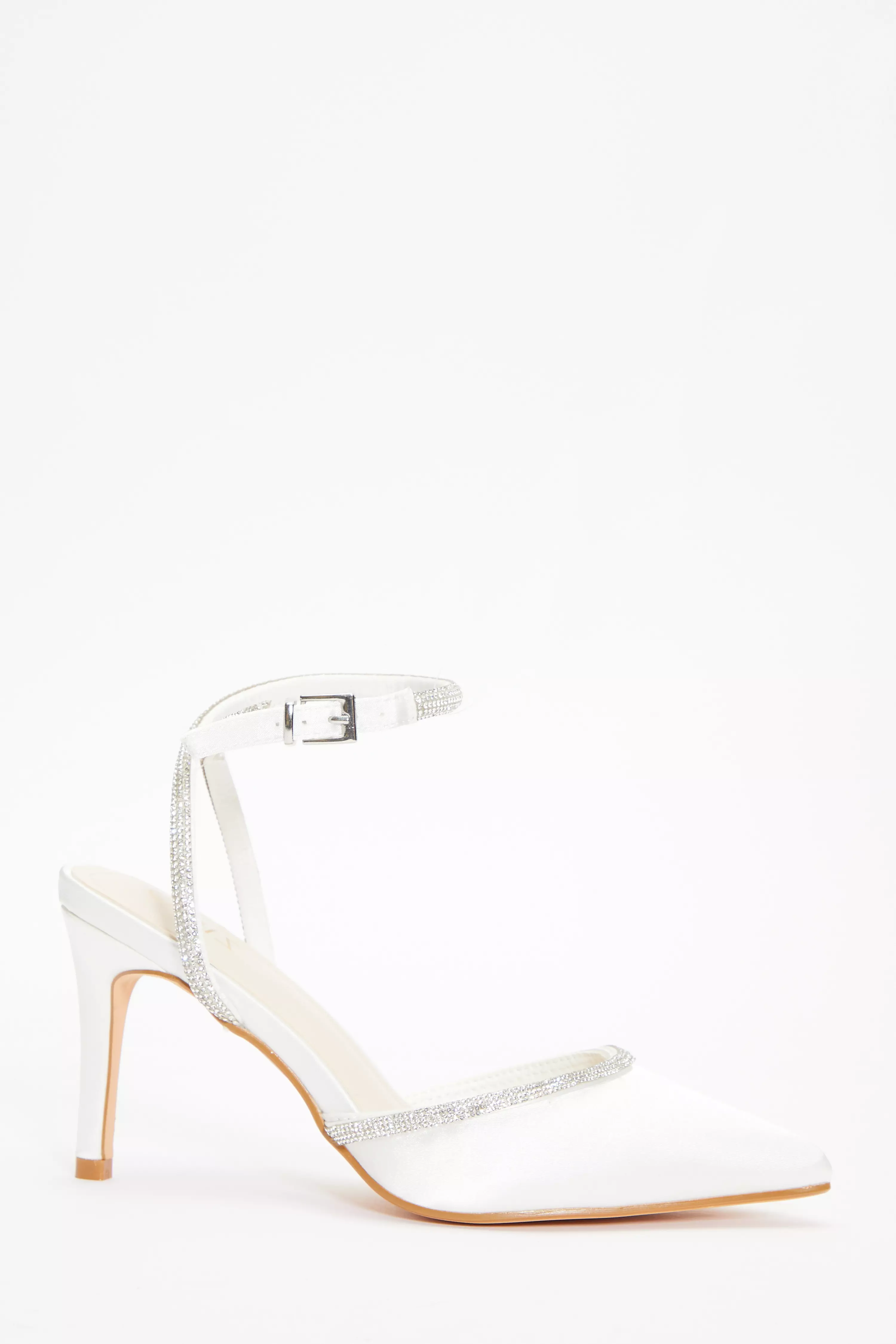 Bridal White Satin Diamante Trim Court Heels