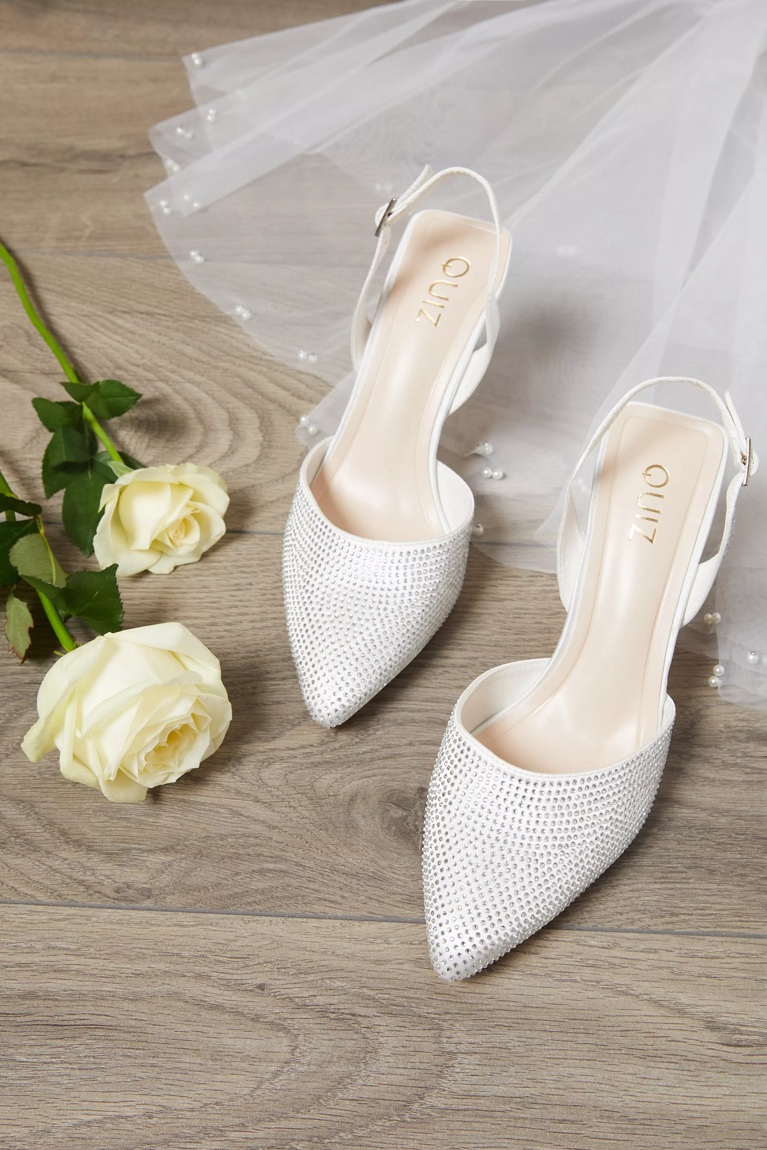 Bridal White Satin Diamante Slingback Court Heels