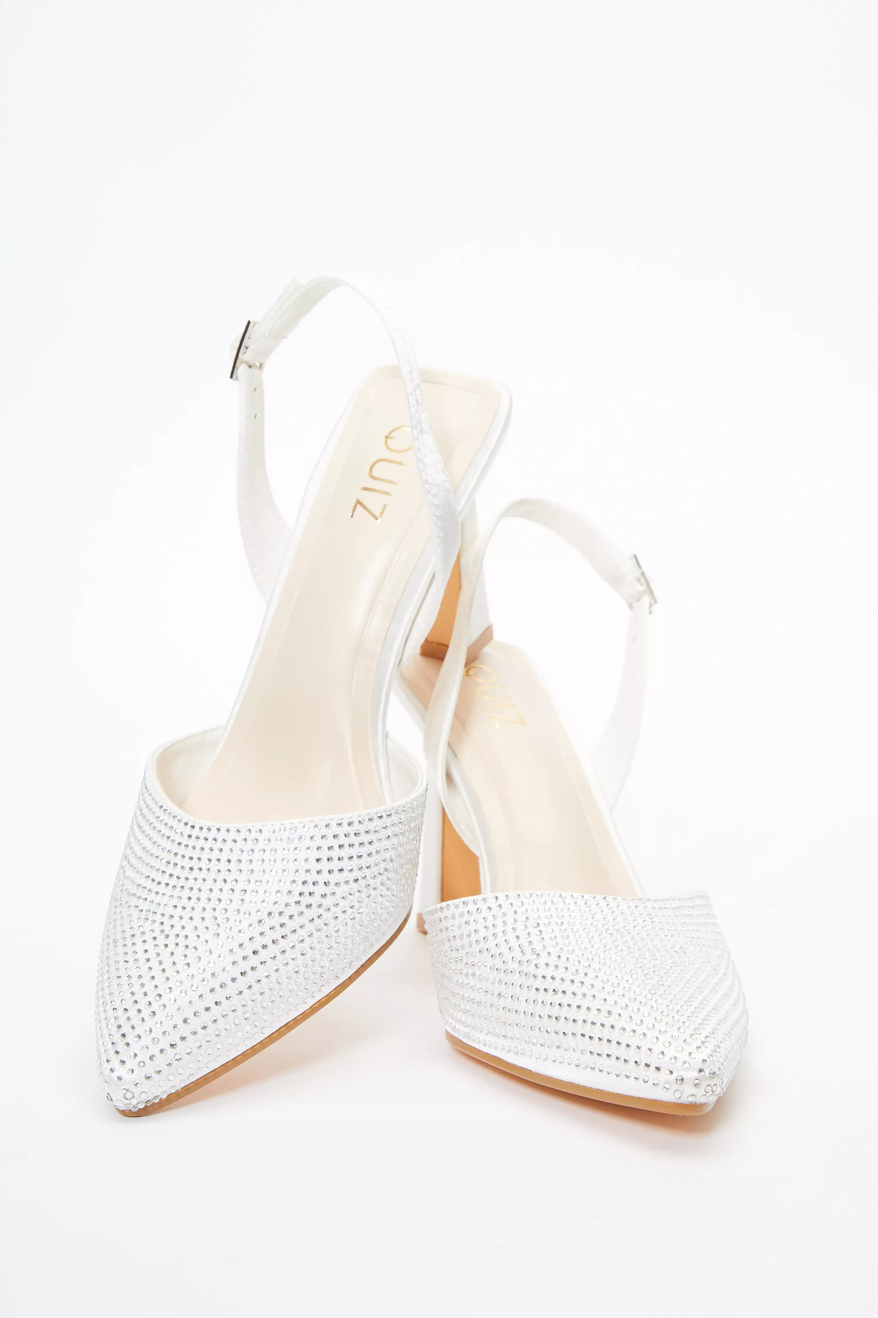 Bridal White Satin Diamante Slingback Court Heels