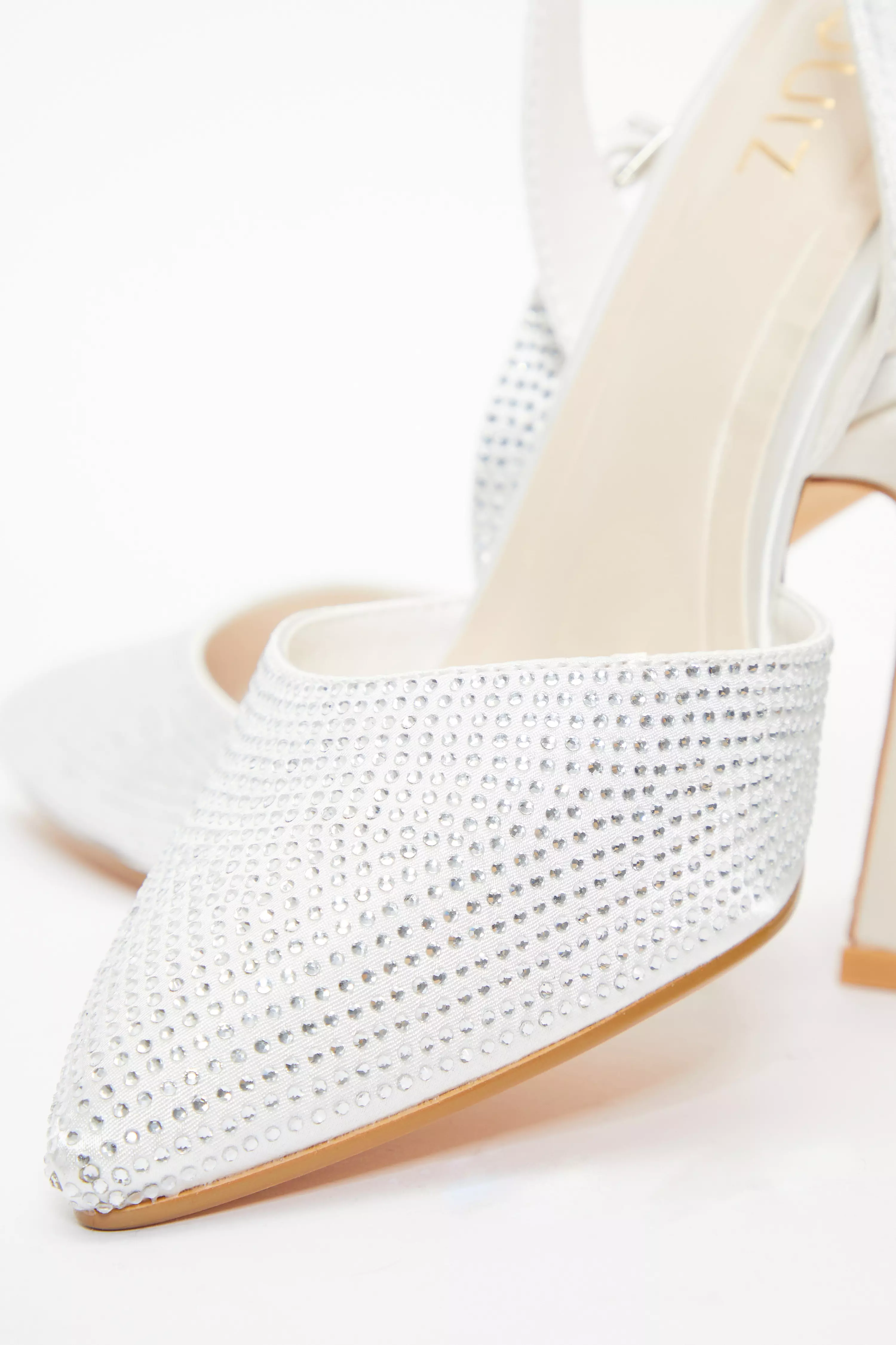 Bridal White Satin Diamante Slingback Court Heels