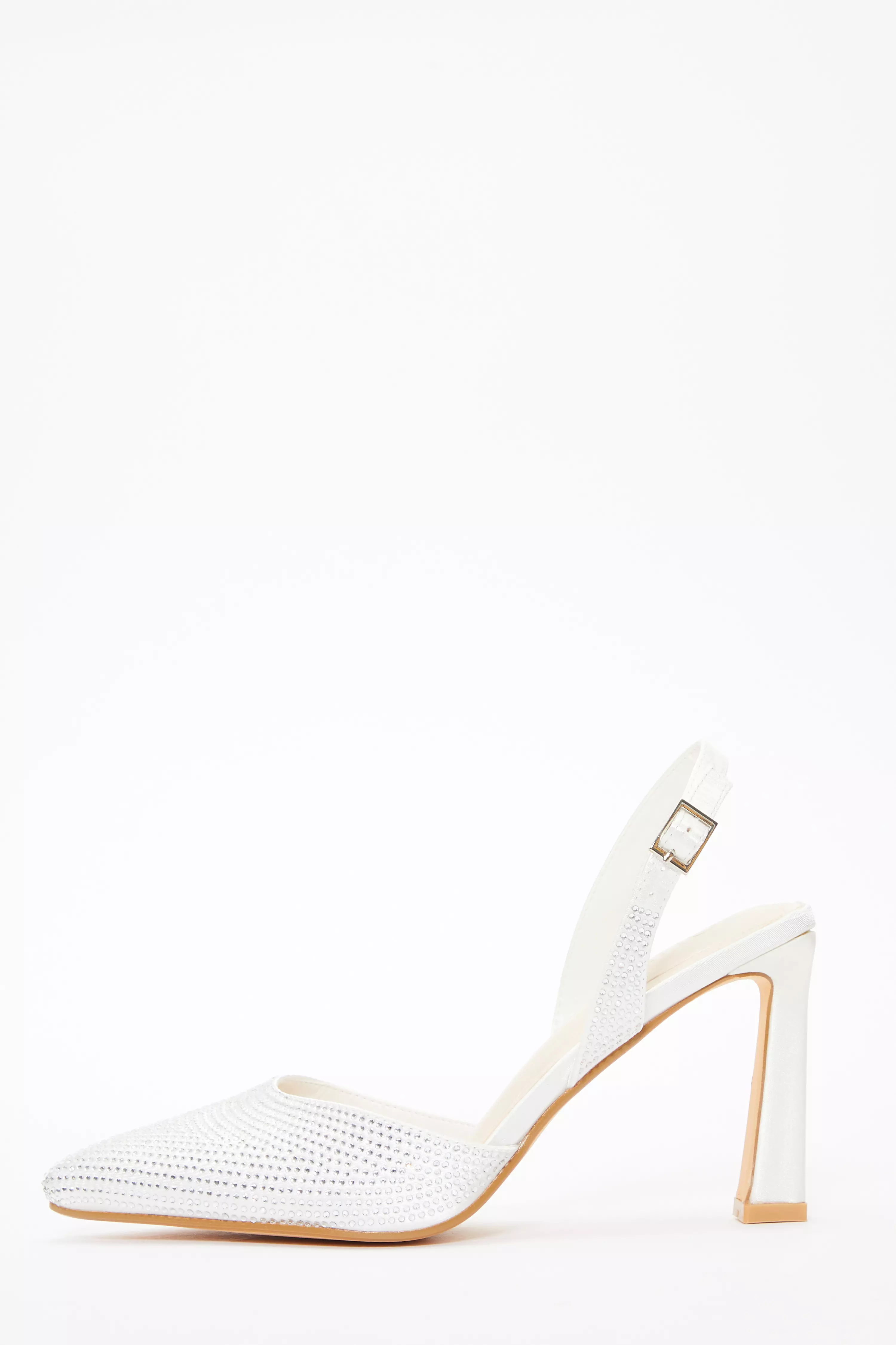 Bridal White Satin Diamante Slingback Court Heels