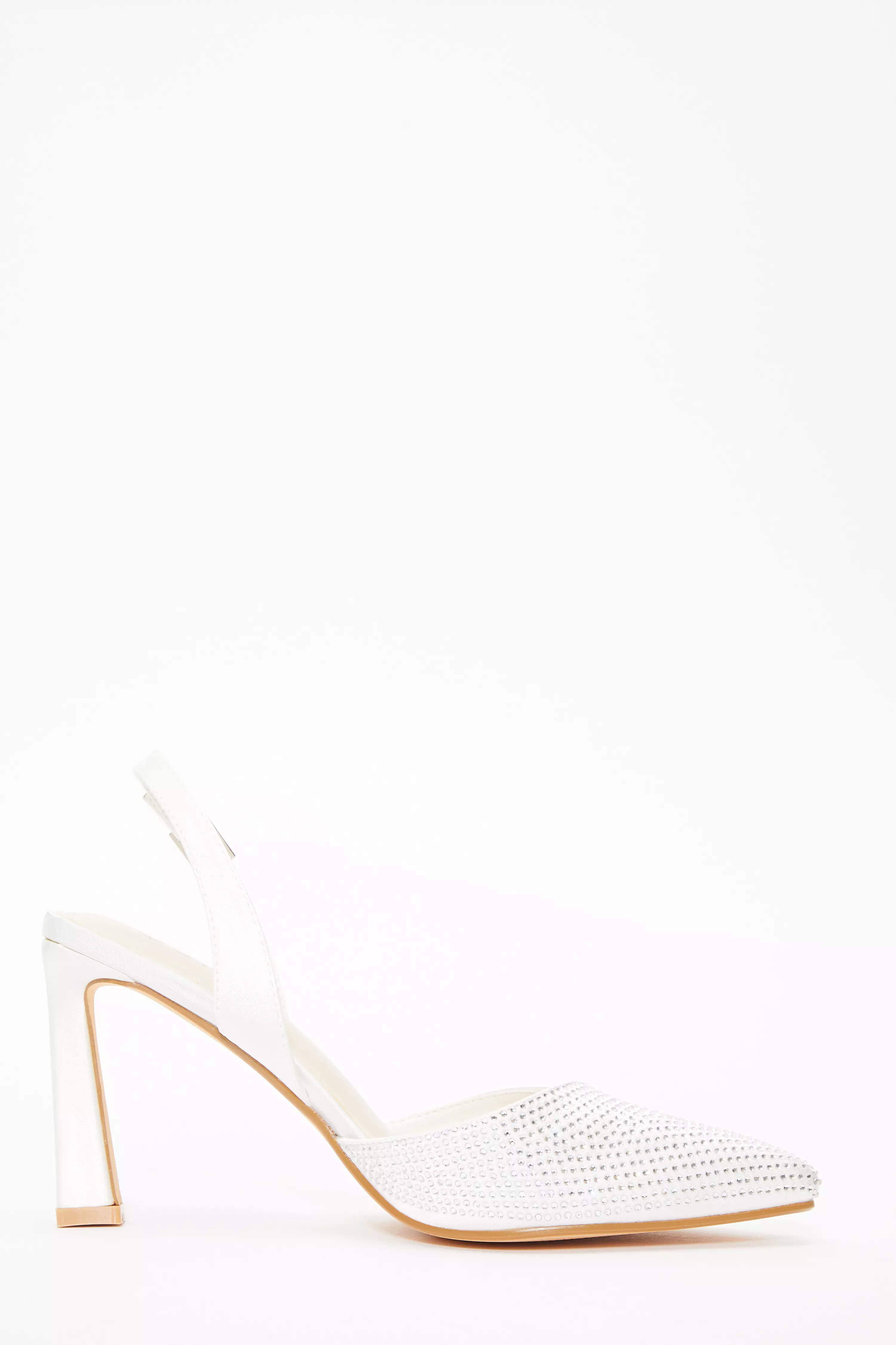 Bridal White Satin Diamante Slingback Court Heels