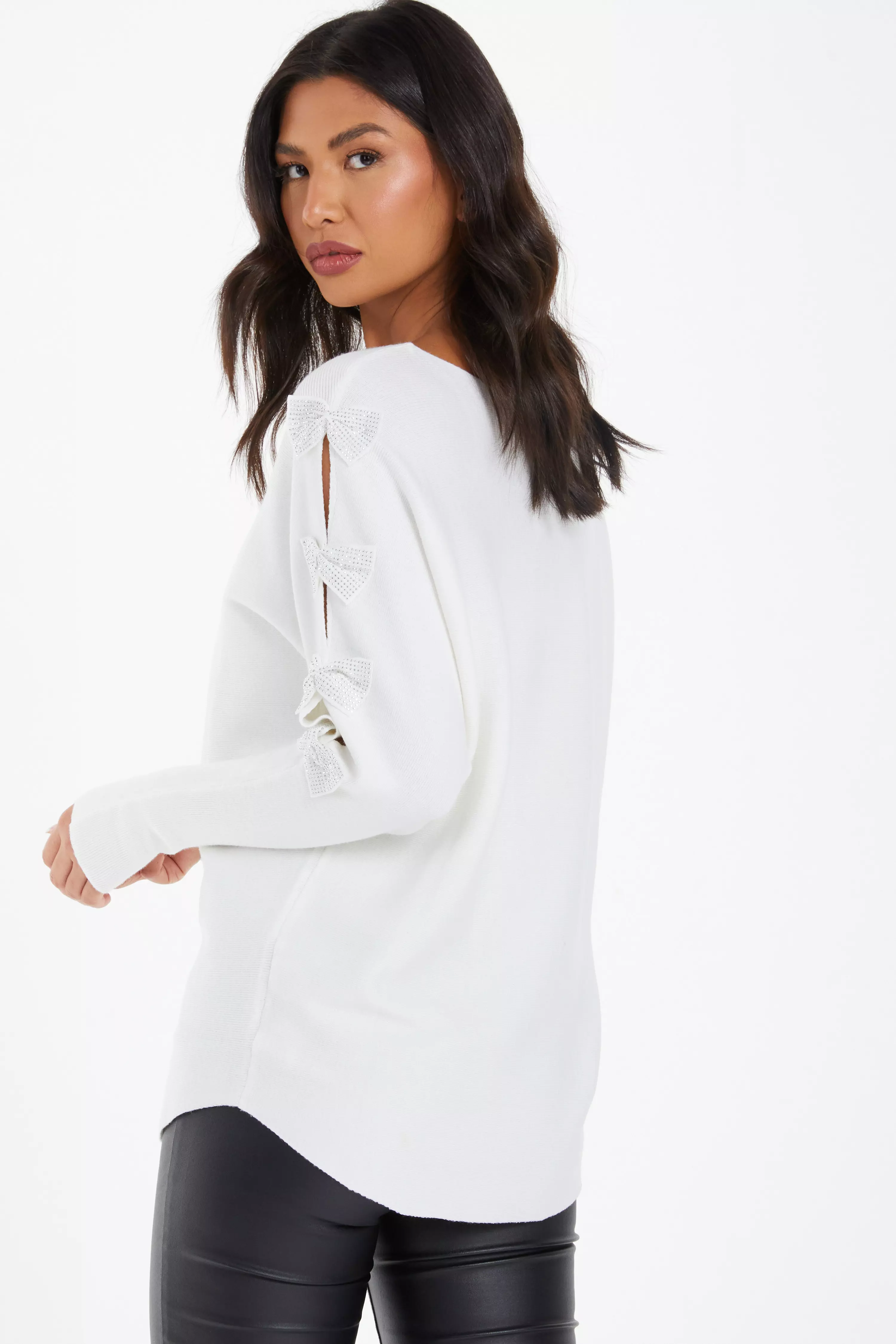 Cream Knit Diamante Bow Sleeve Jumper