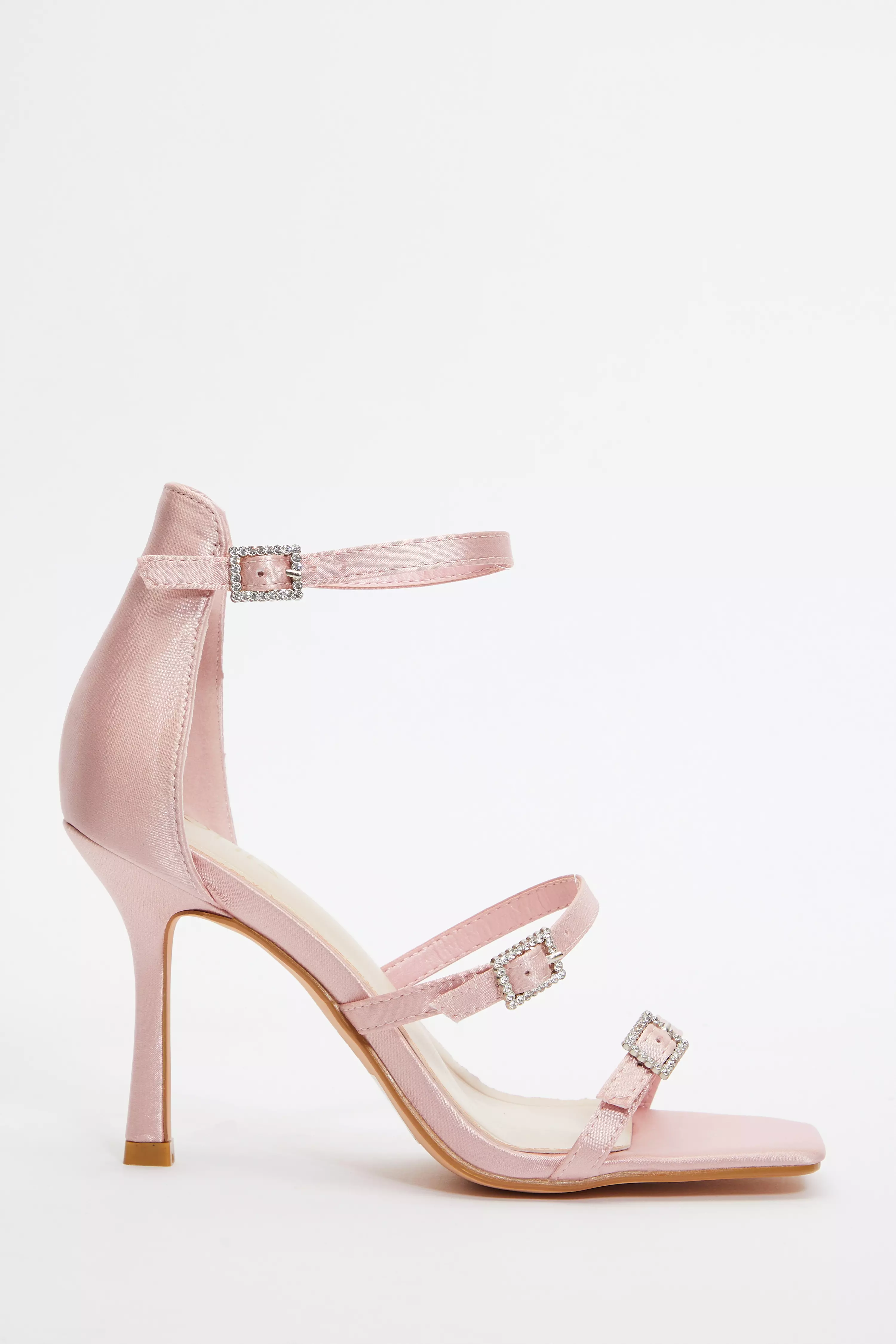 Pink Satin Strappy Buckle Heeled Sandals
