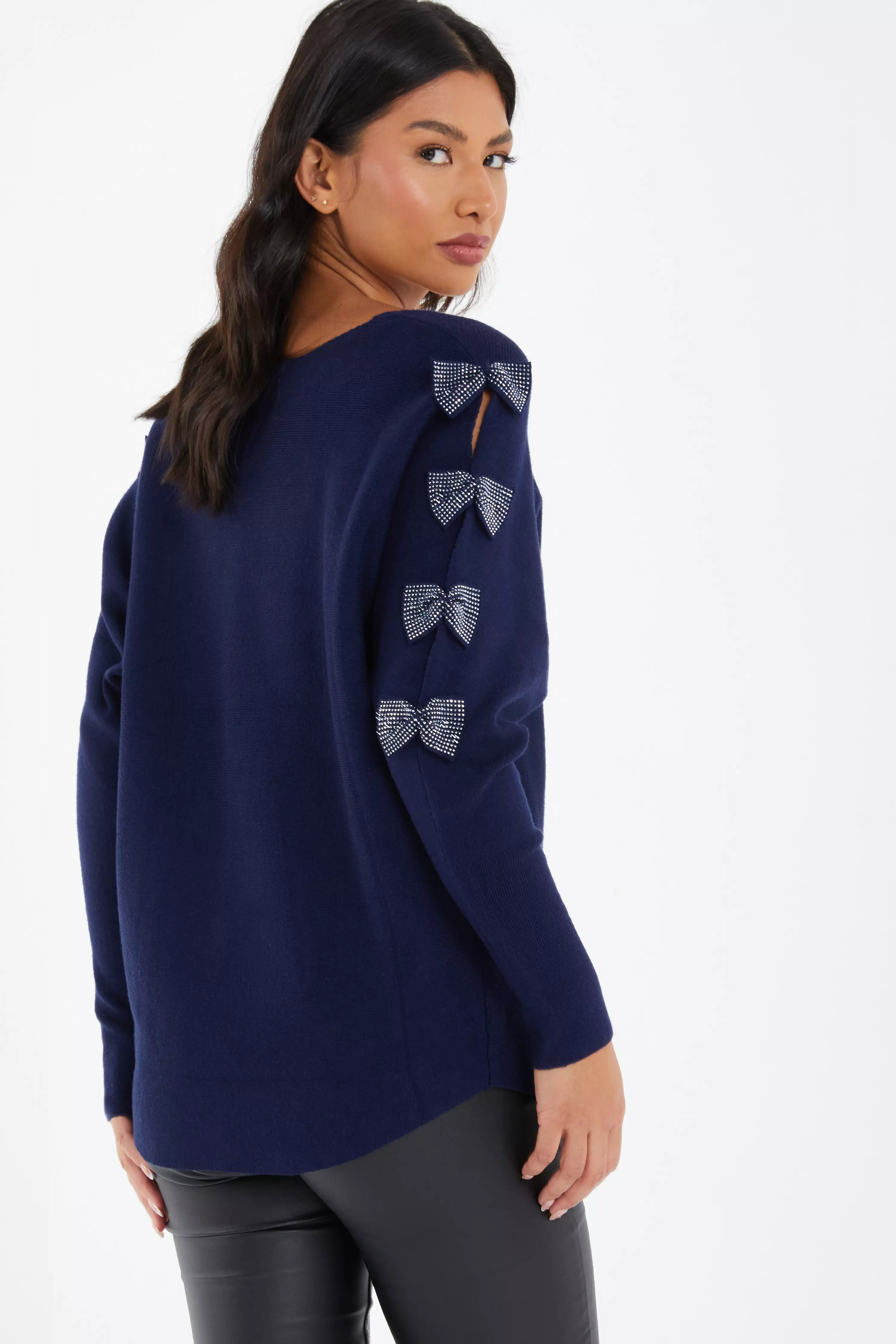 Navy Light Knit Diamante Bow Sleeve Jumper