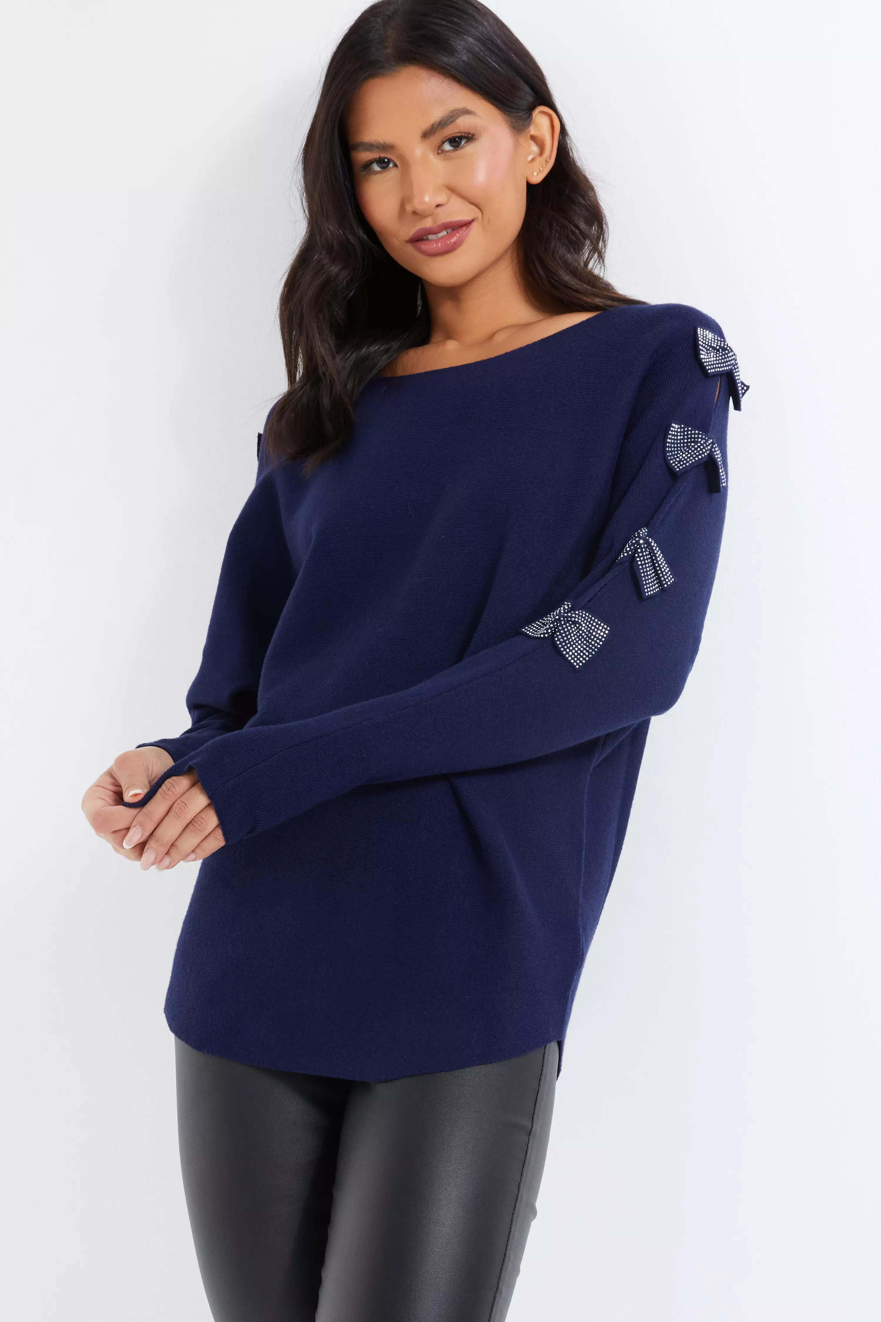 Navy Light Knit Diamante Bow Sleeve Jumper