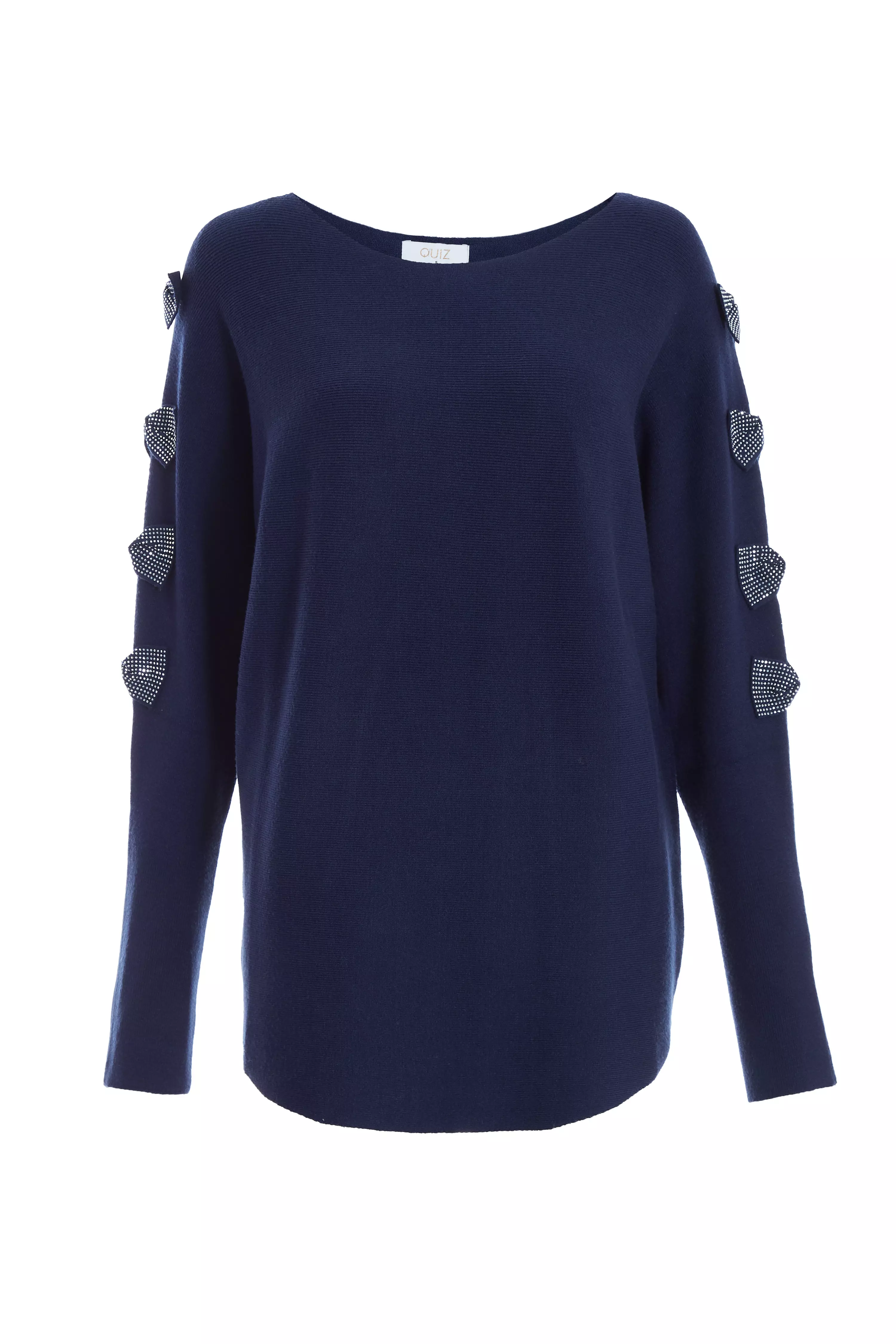 Navy Light Knit Diamante Bow Sleeve Jumper