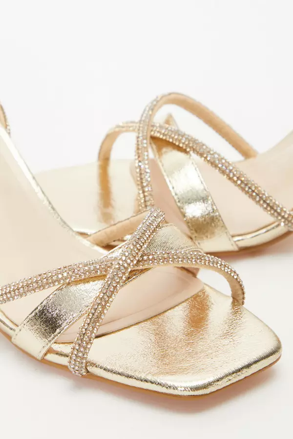 Gold Foil Diamante Block Heeled Sandals