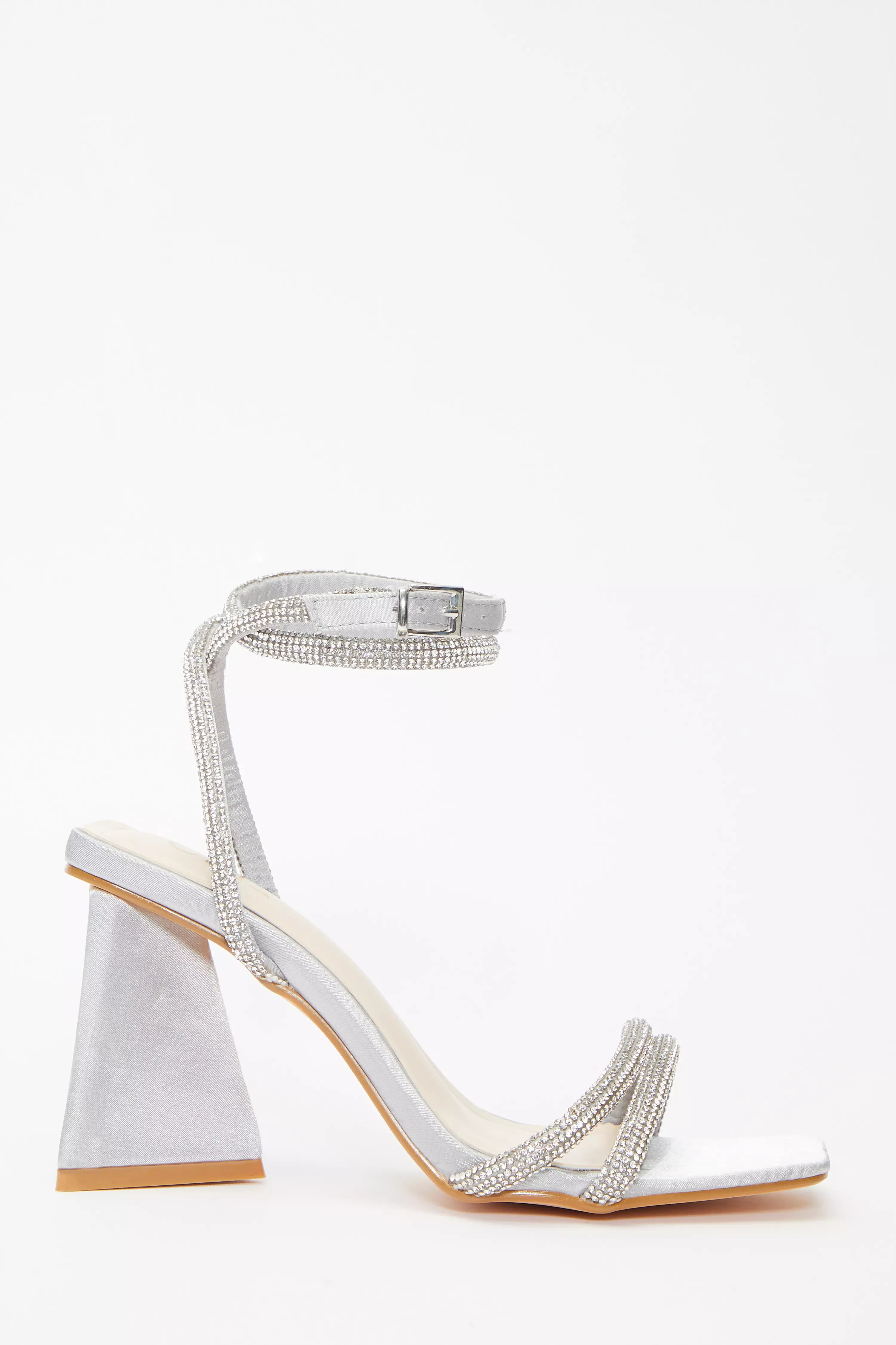 Grey Satin Diamante Triangle Heeled Sandals