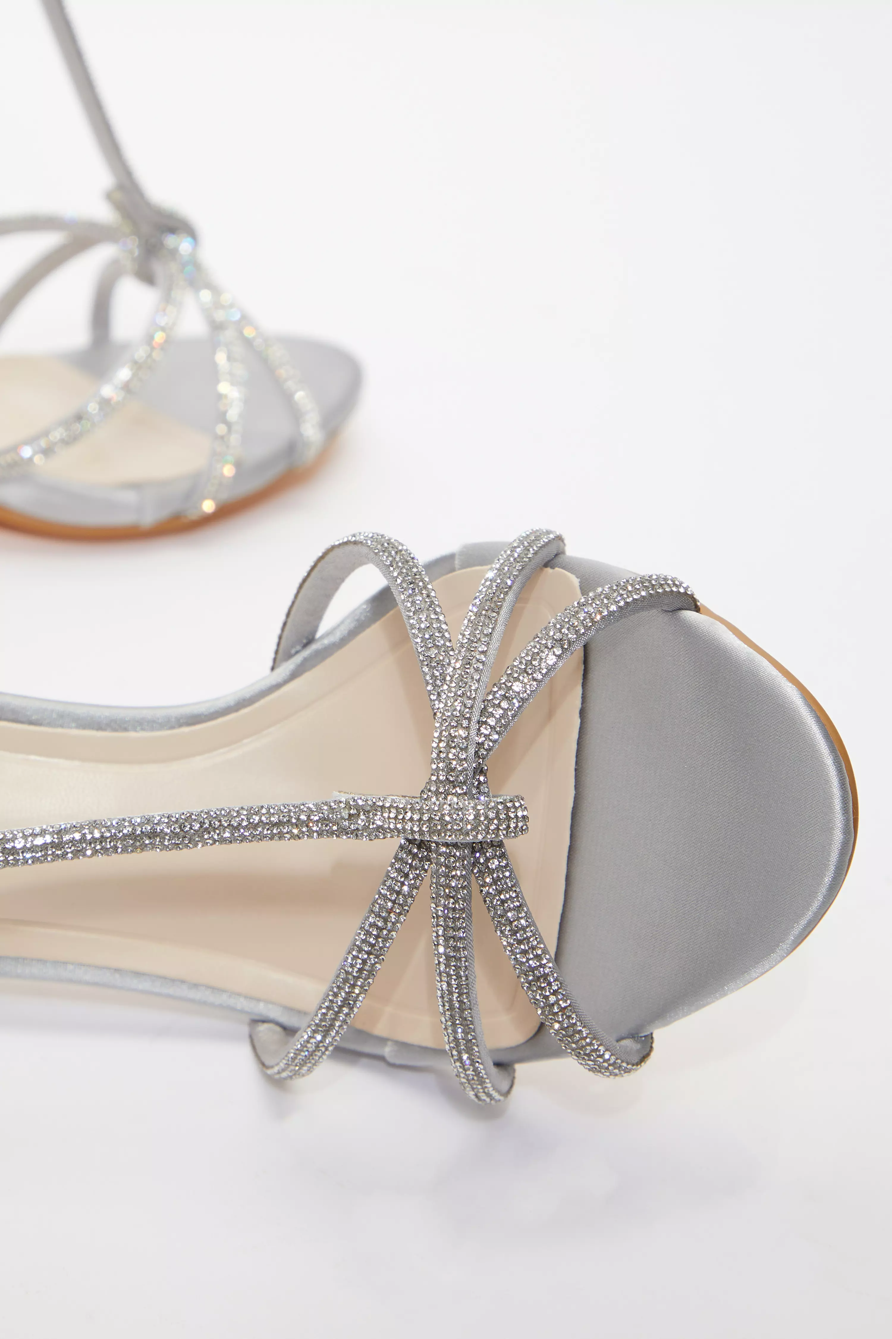 Grey Satin Diamante T-Bar Heeled Sandals