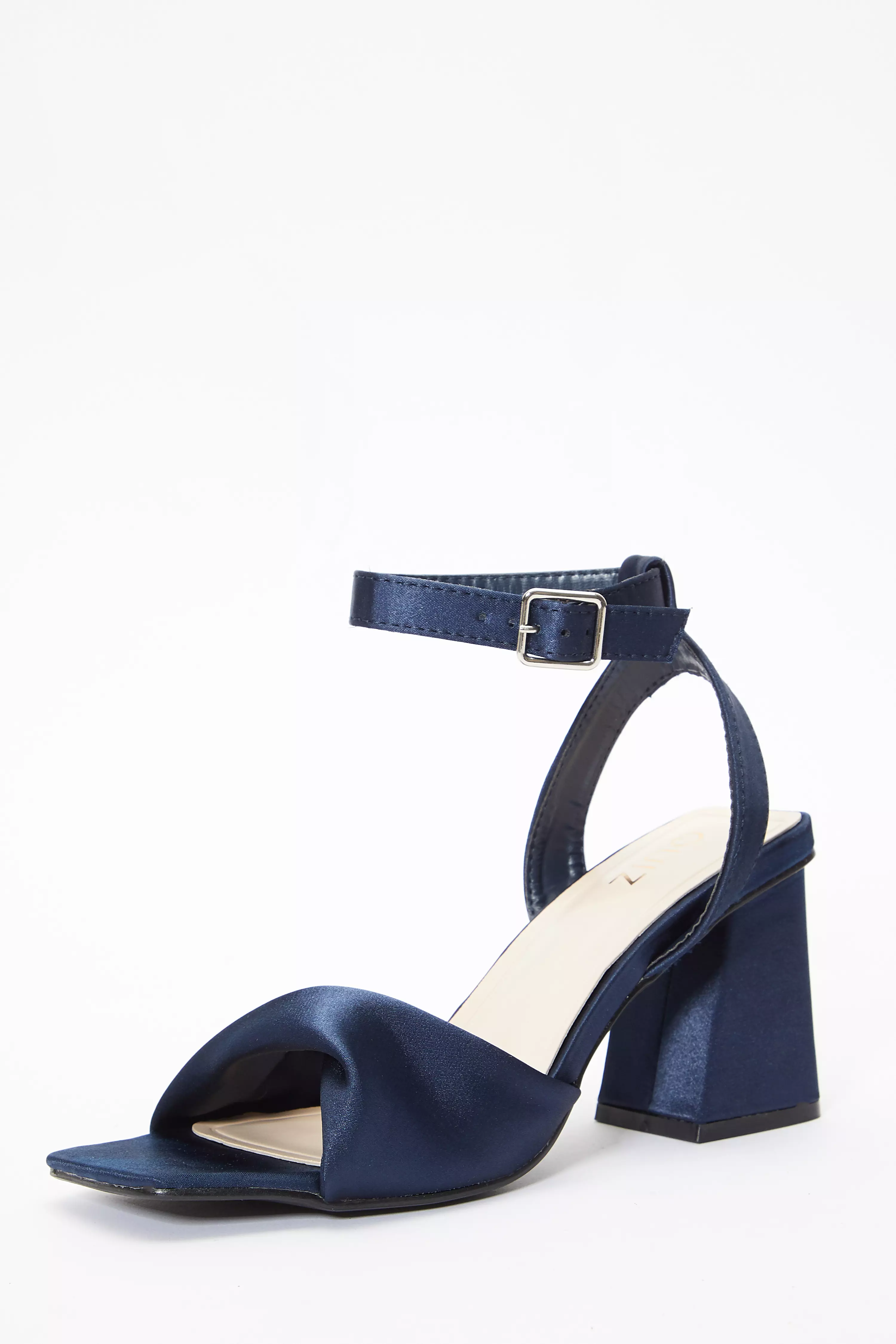 Navy Satin Block Heel Sandals