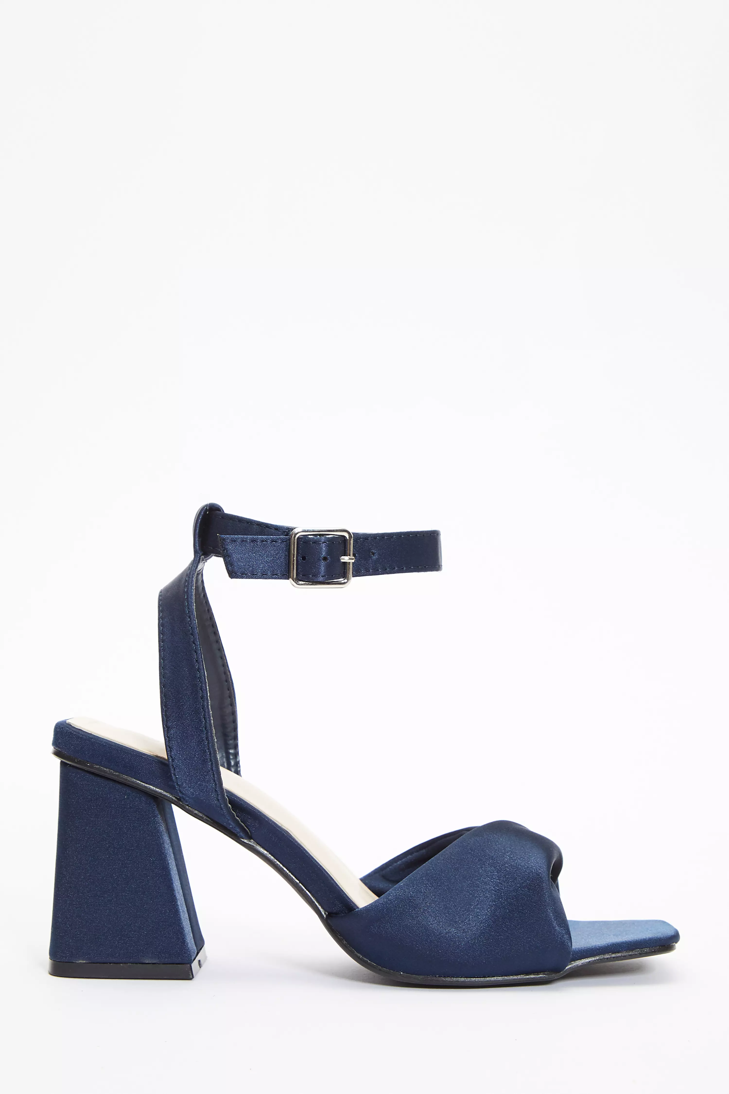 Navy Satin Block Heel Sandals