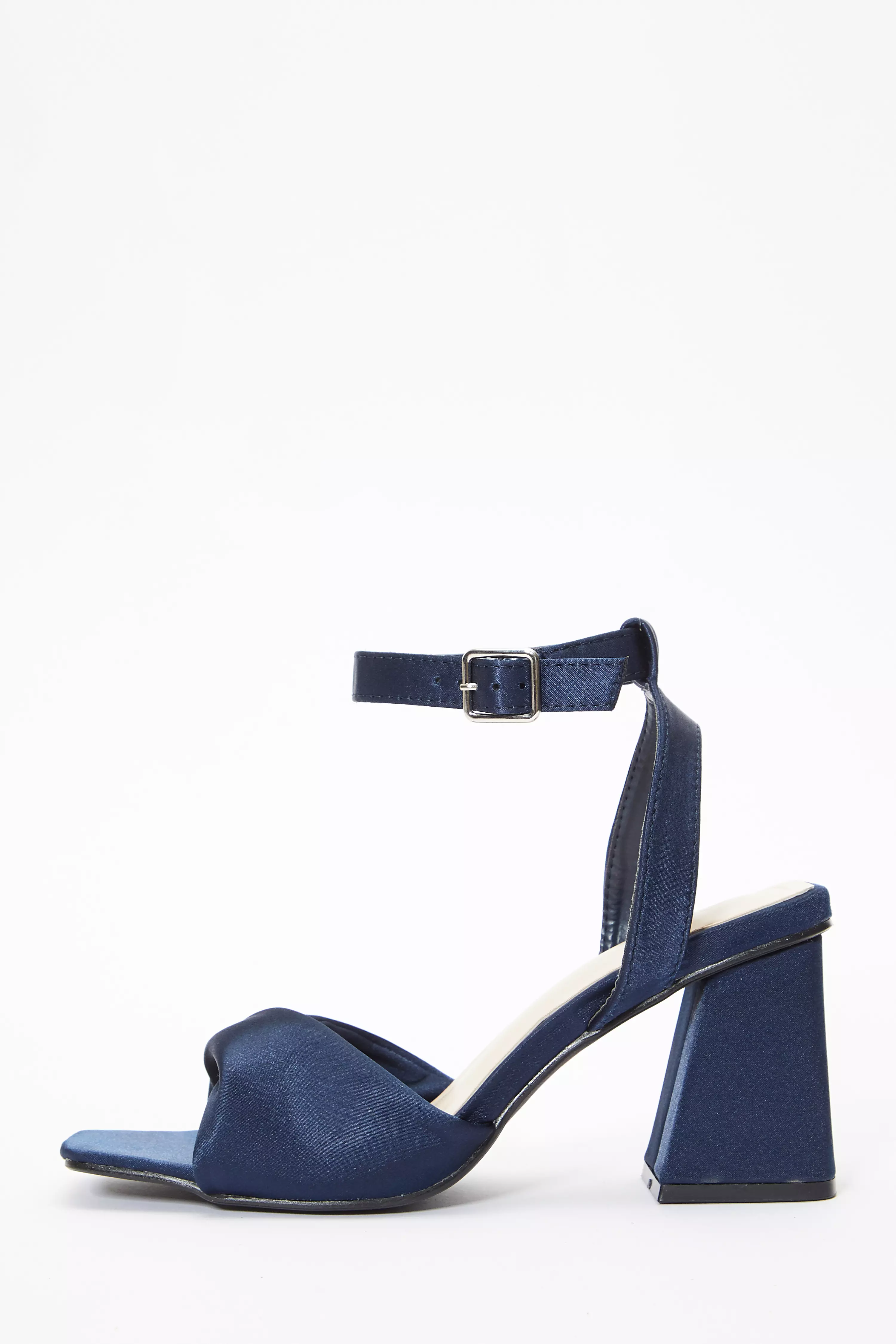 Navy Satin Block Heel Sandals