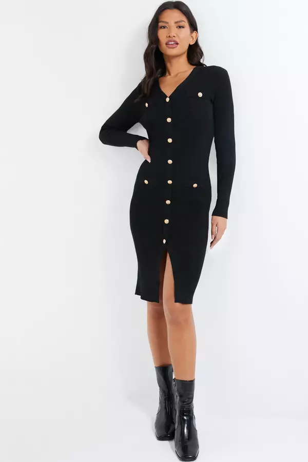 Black Knitted Button Midi Dress