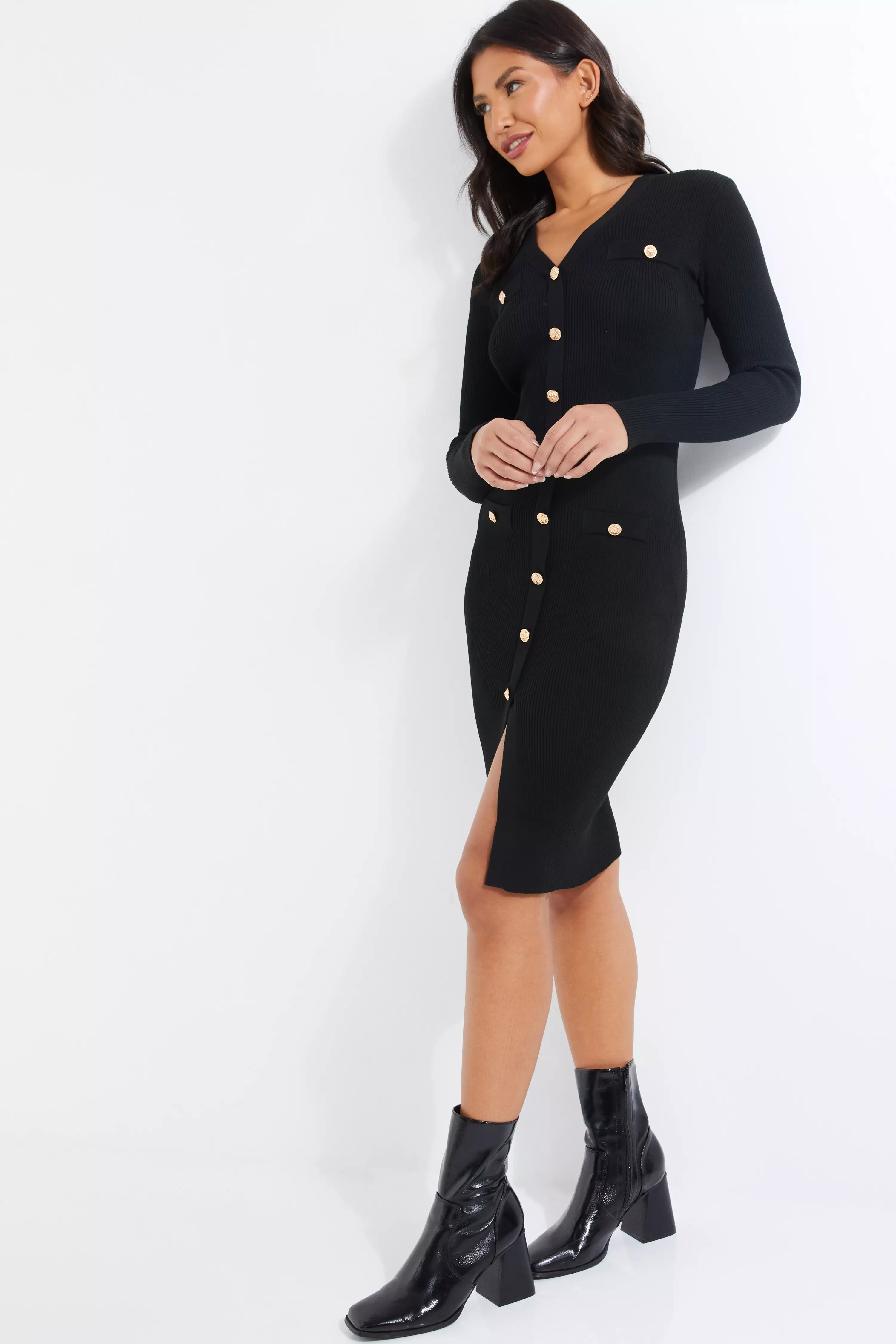 Black Knitted Button Midi Dress