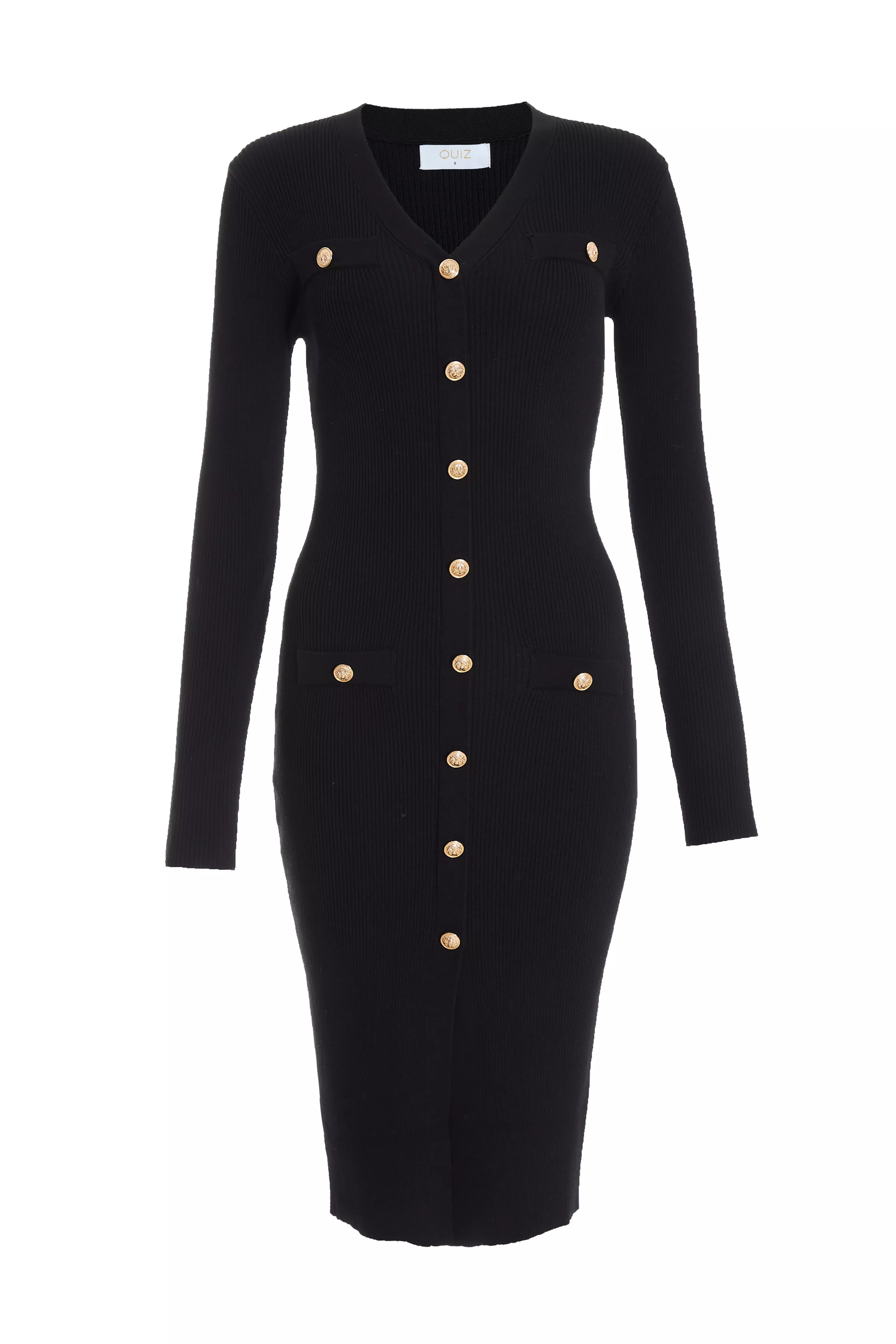 Black Knitted Button Midi Dress