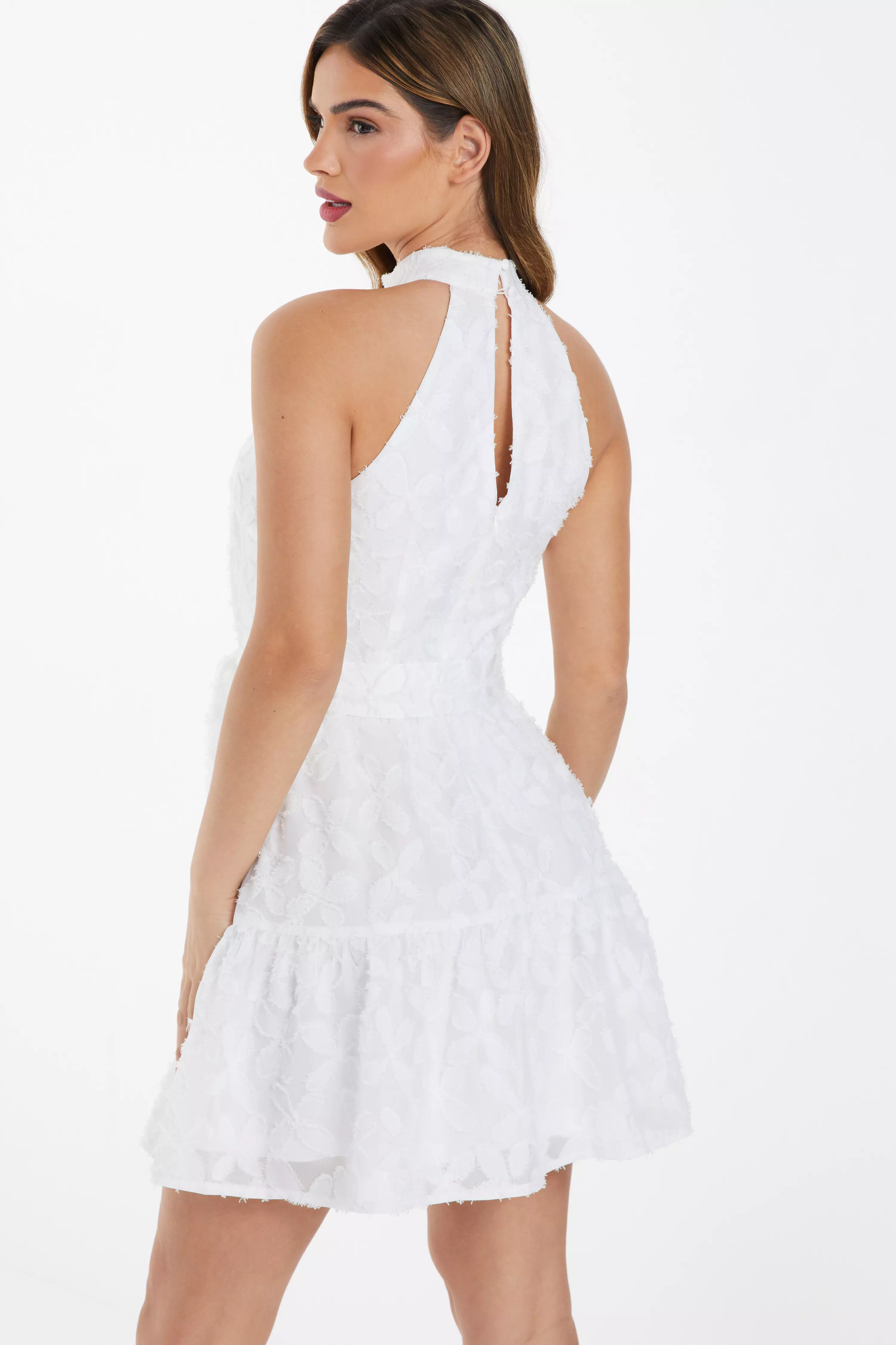 White Jacquard Halter Neck Mini Dress