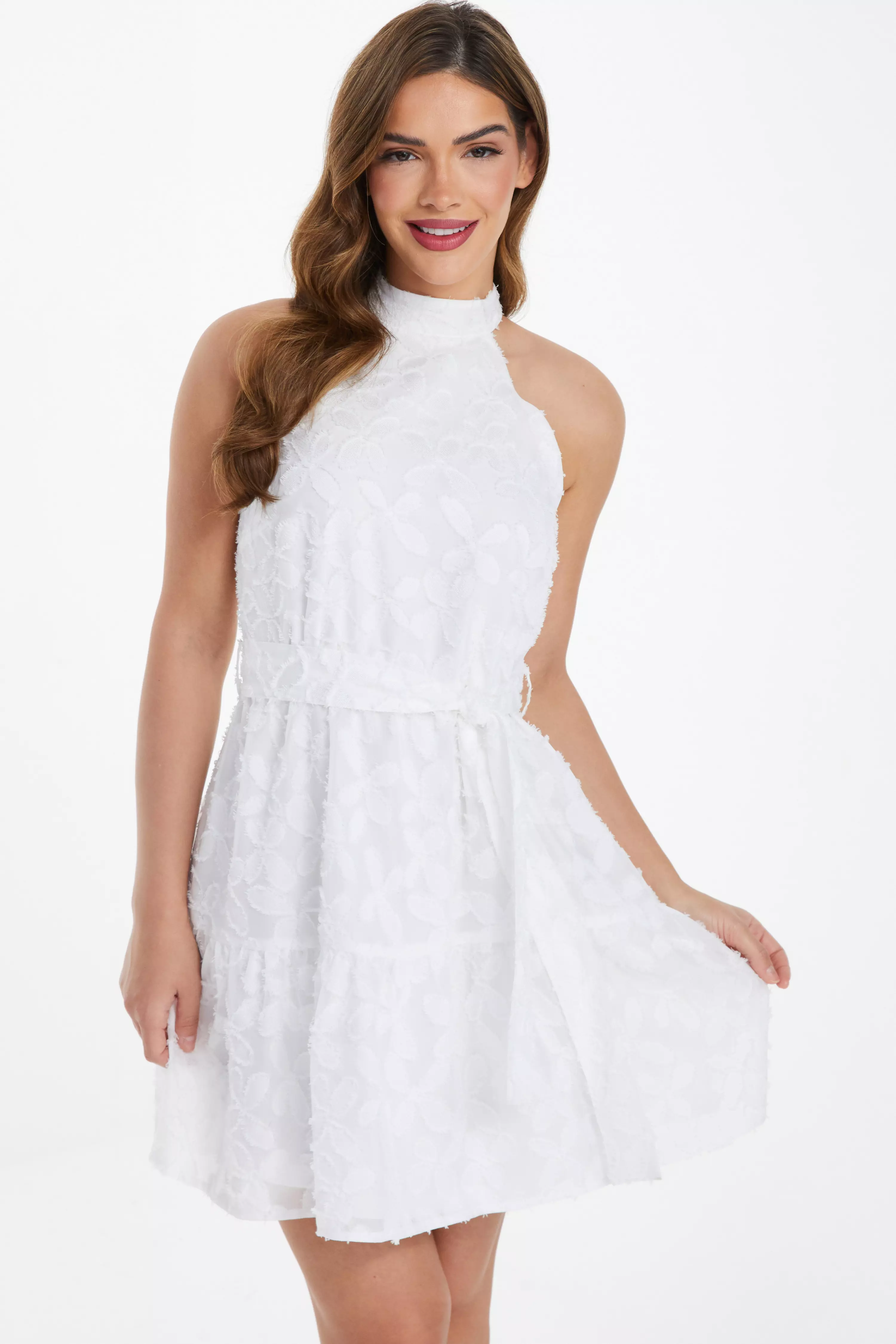 White Jacquard Halter Neck Mini Dress