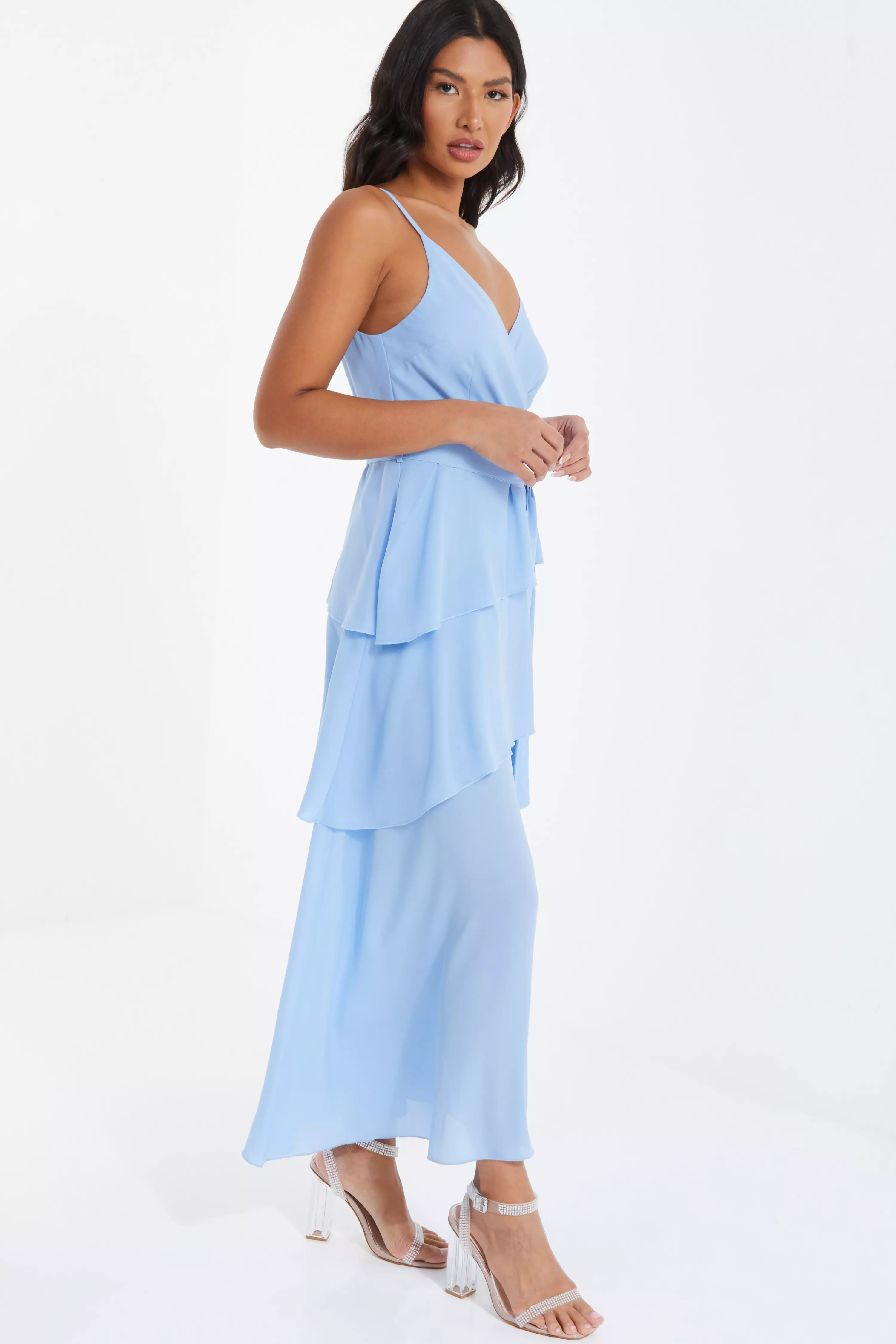 Blue Chiffon Frill Midiaxi Dress