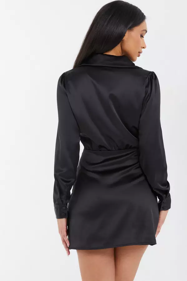 Black Satin Button Mini Shirt Dress