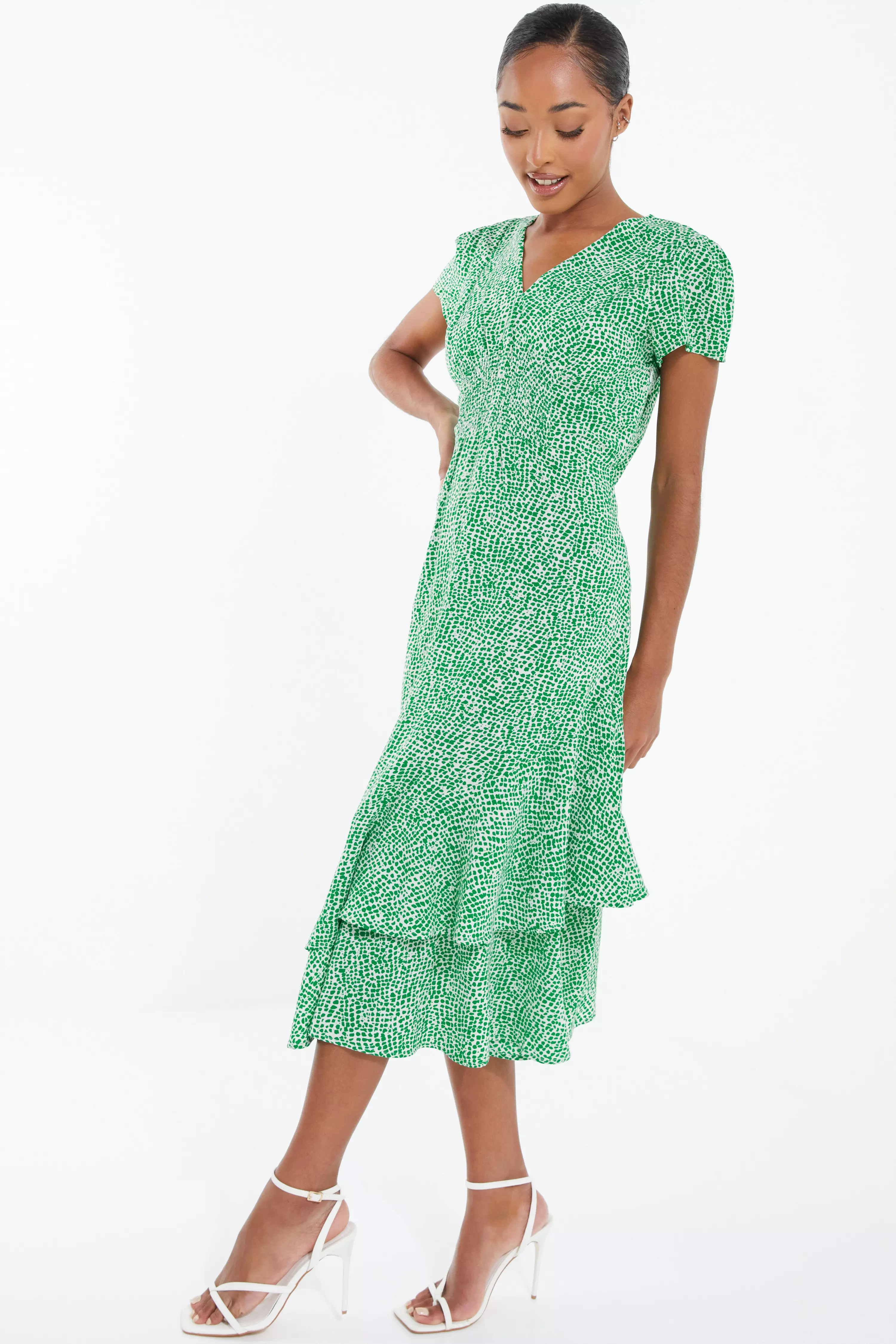 Green Polka Dot Frill Midi Dress