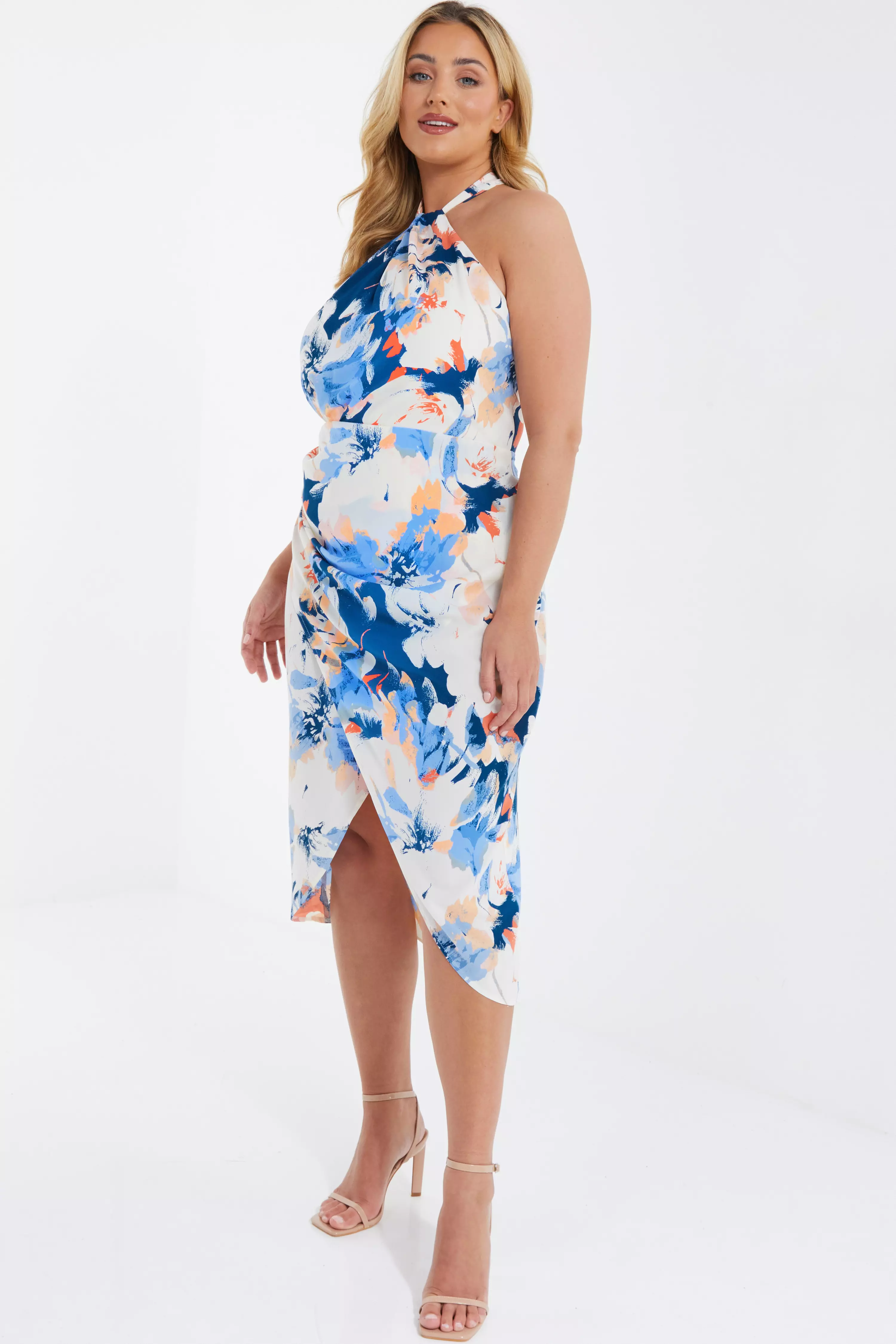 Curve Blue Floral High Neck Midi Dress