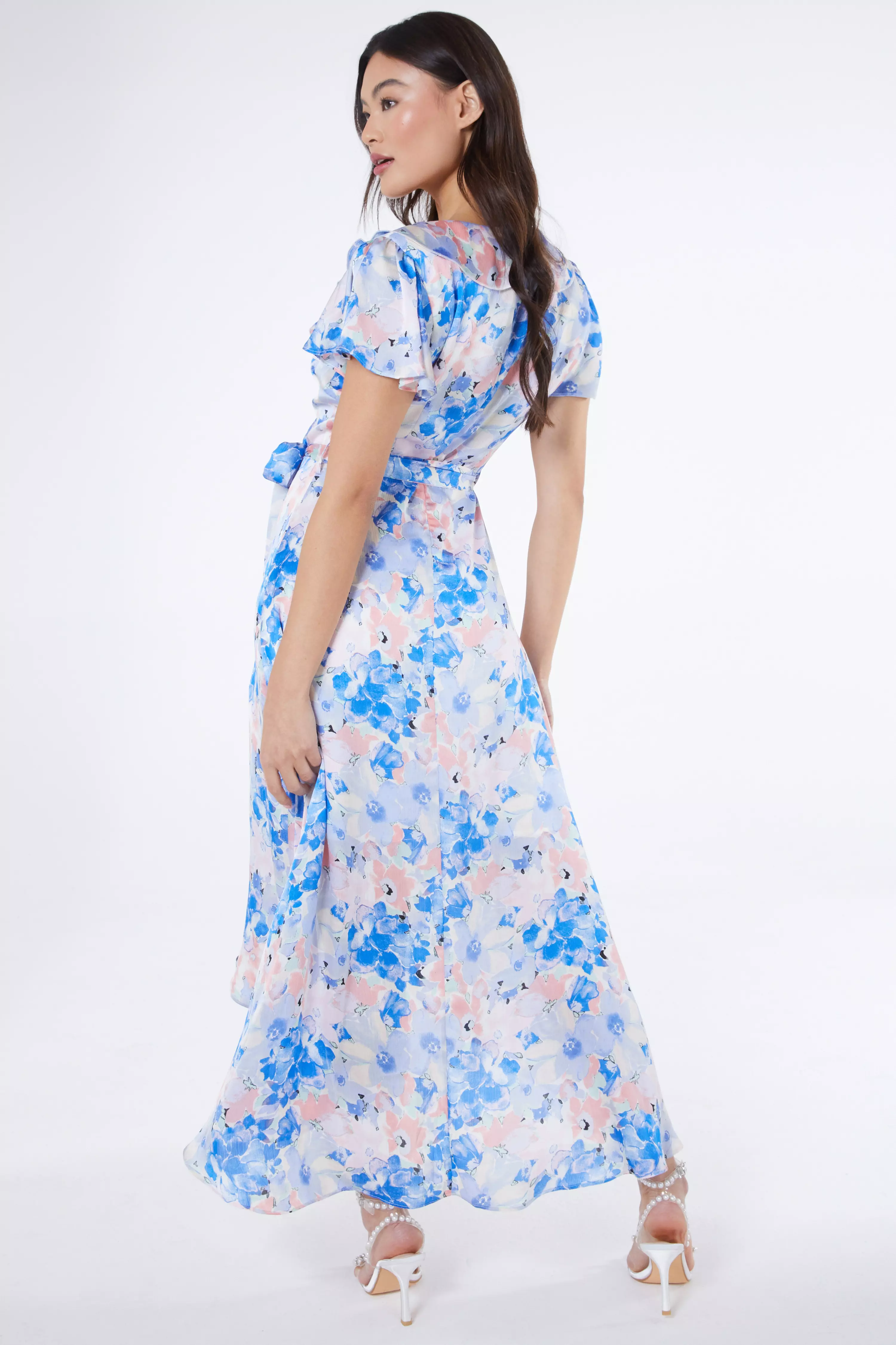 Blue Satin Floral Wrap Midaxi Dress