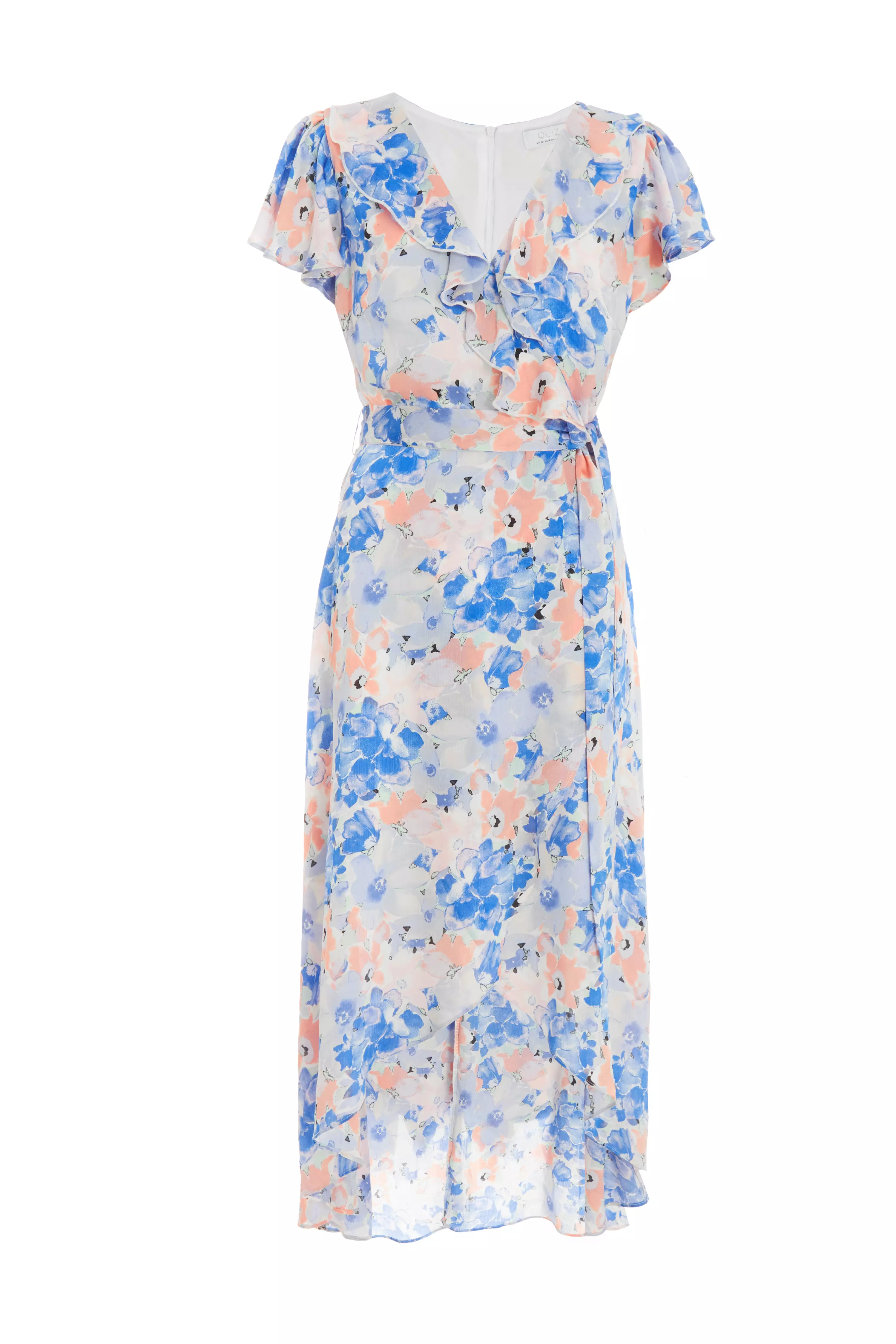 Blue Satin Floral Wrap Midaxi Dress