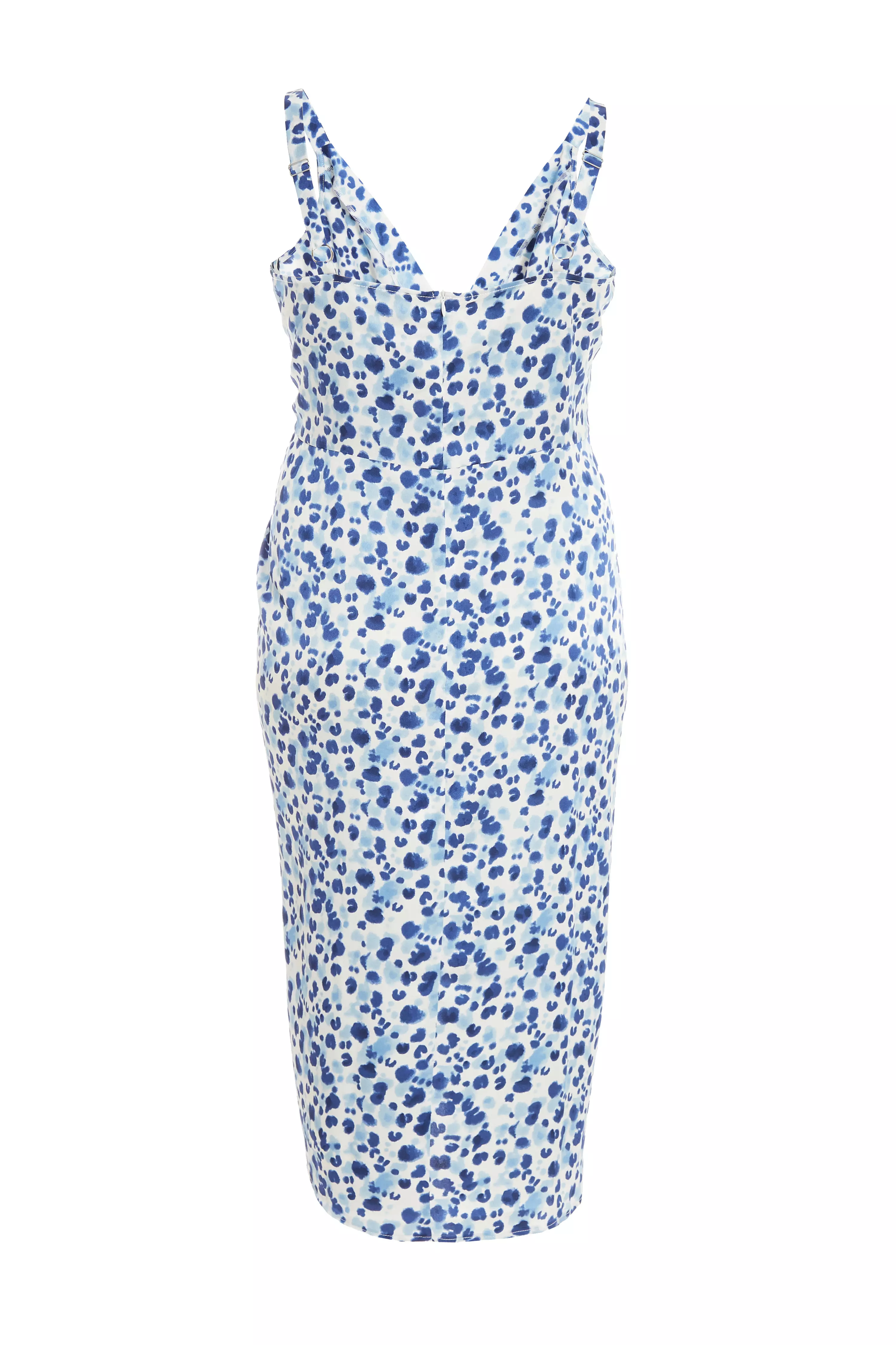 Curve Blue Satin Animal Print Ruched Midi Dress