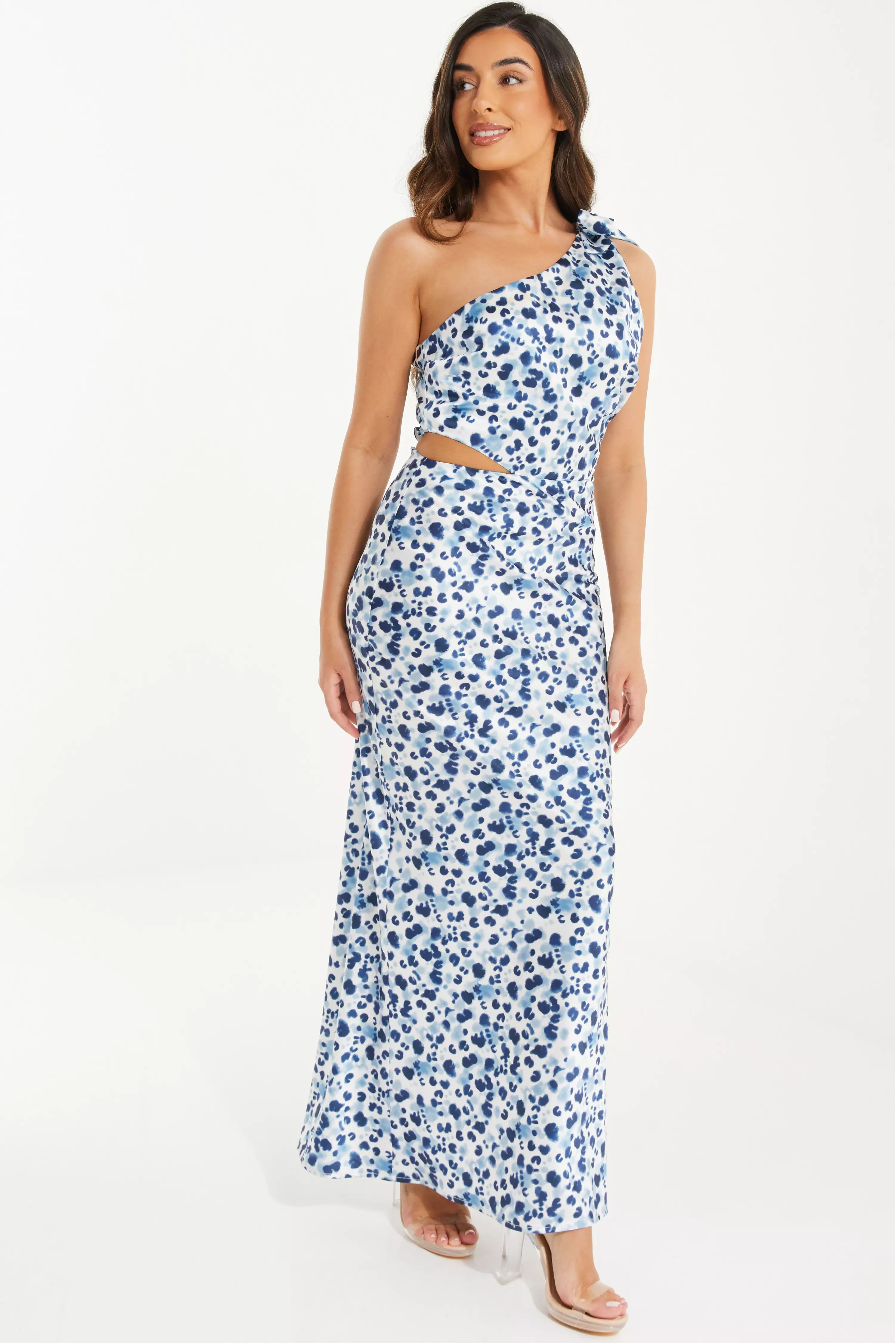 Petite Blue Satin Animal Print Maxi Dress QUIZ