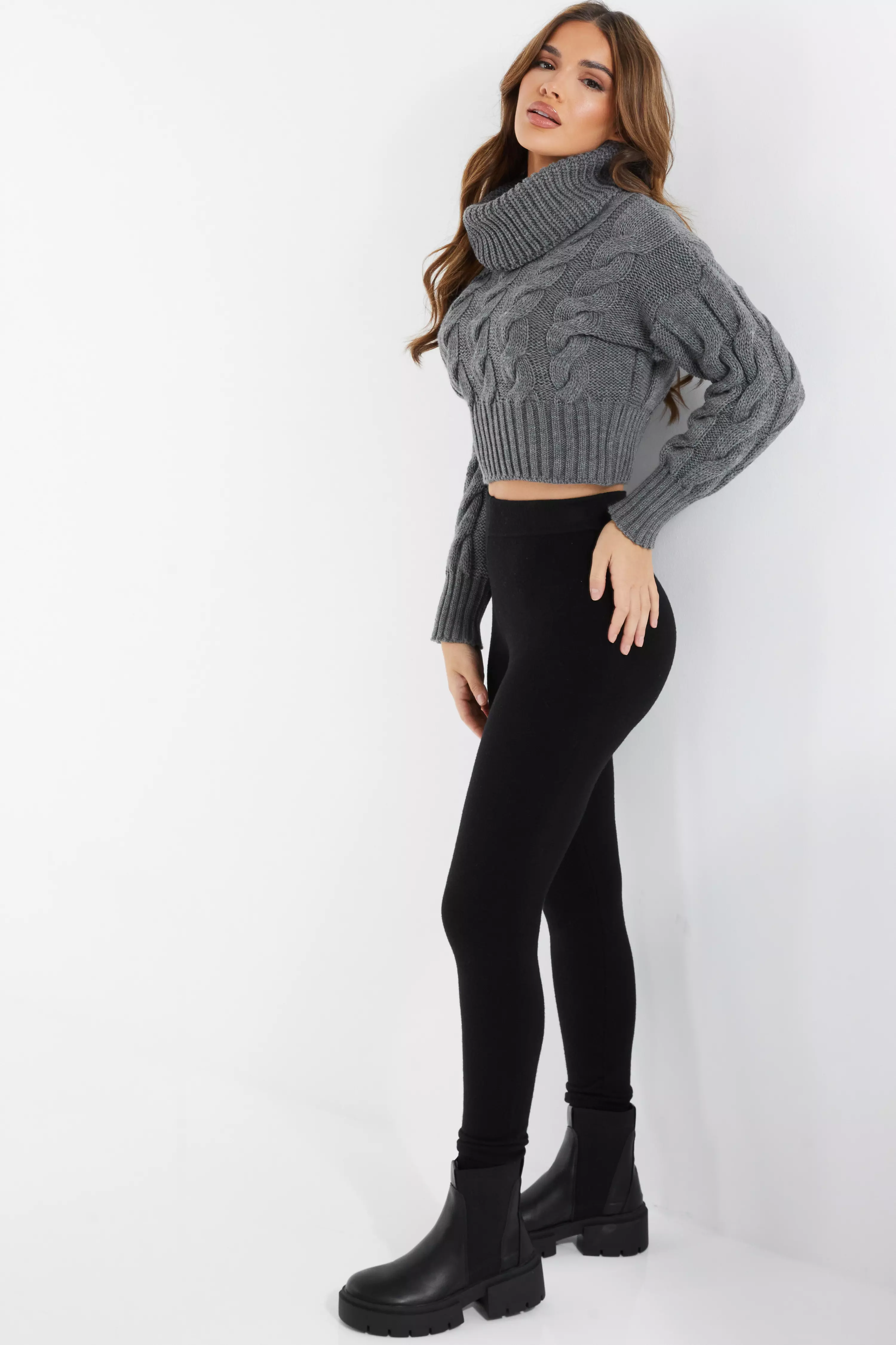 Grey Roll Neck Knitted Cropped Jumper