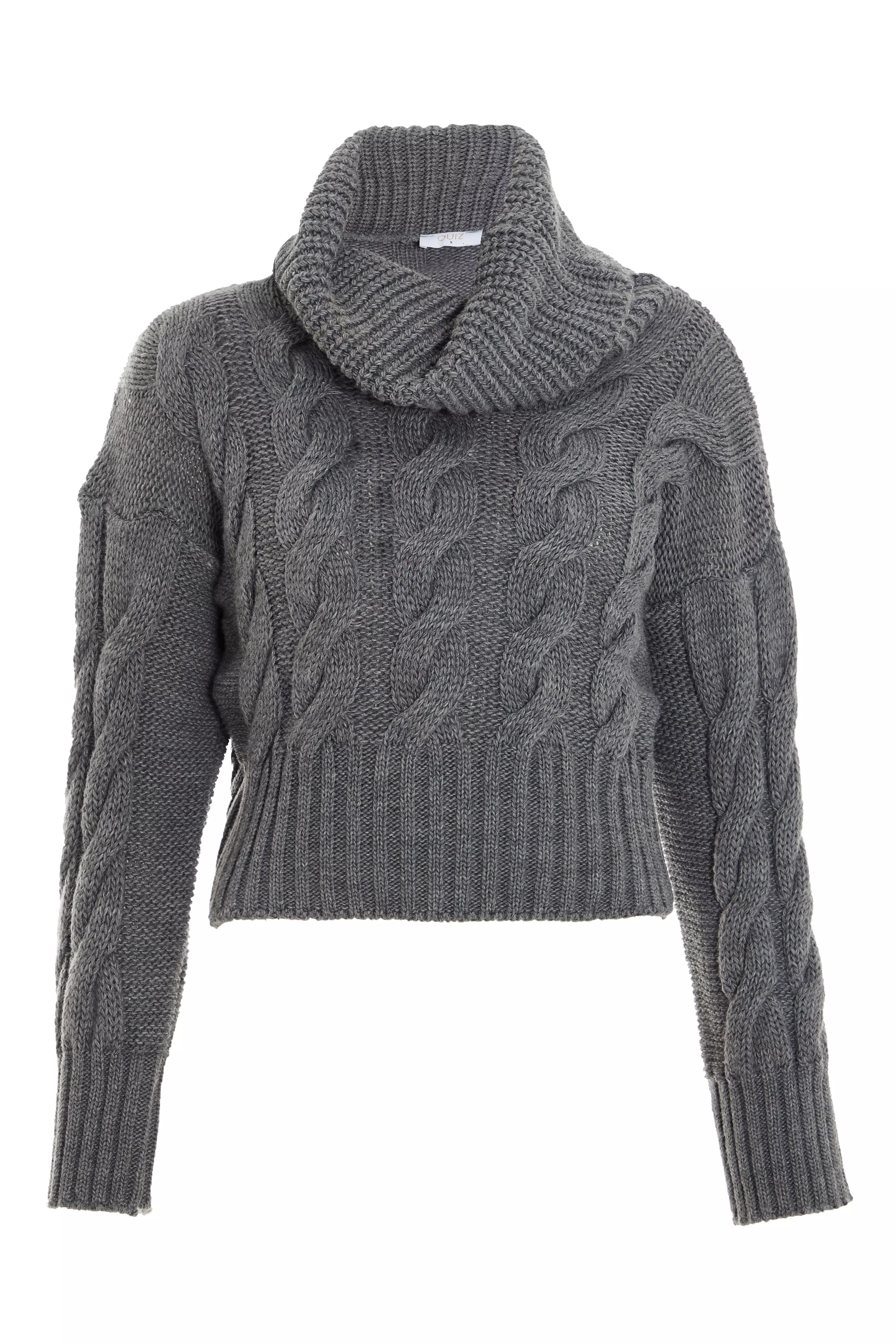 Grey Roll Neck Knitted Cropped Jumper