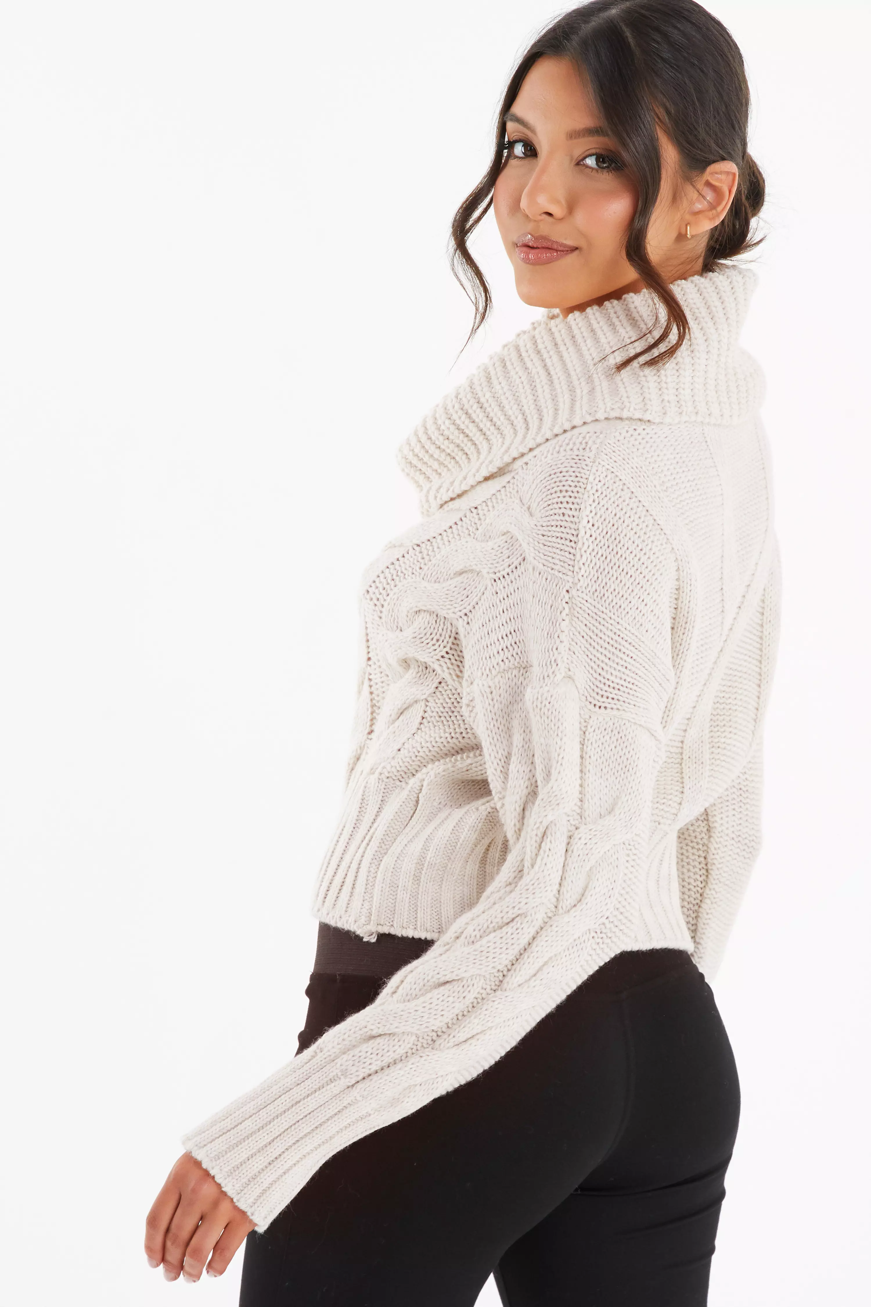 Stone Roll Neck Knitted Cropped Jumper