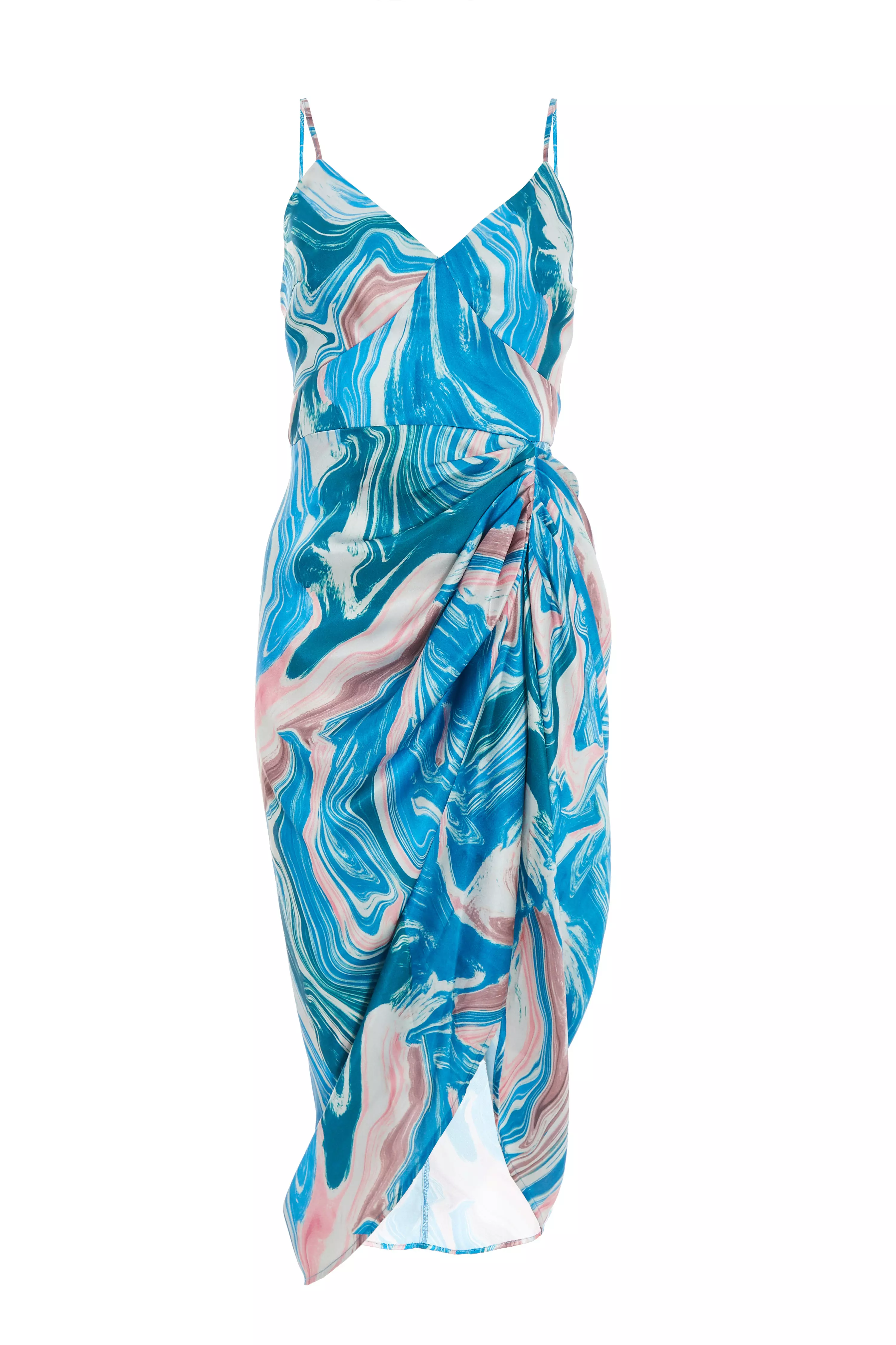 Blue Satin Marble Print Ruched Midi Dress