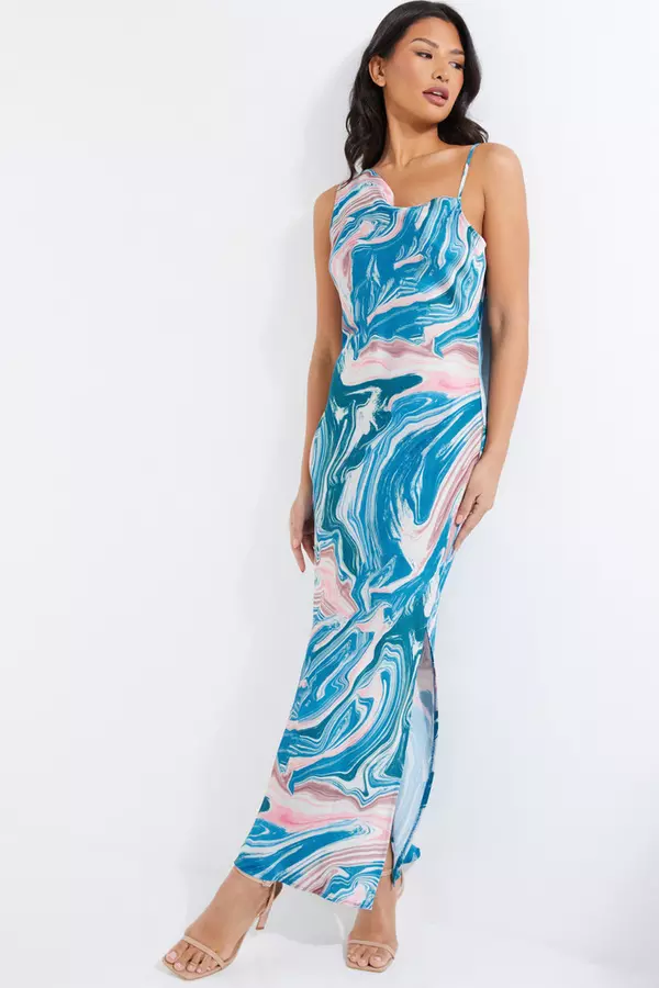 Blue Satin Marble Print Midaxi Dress