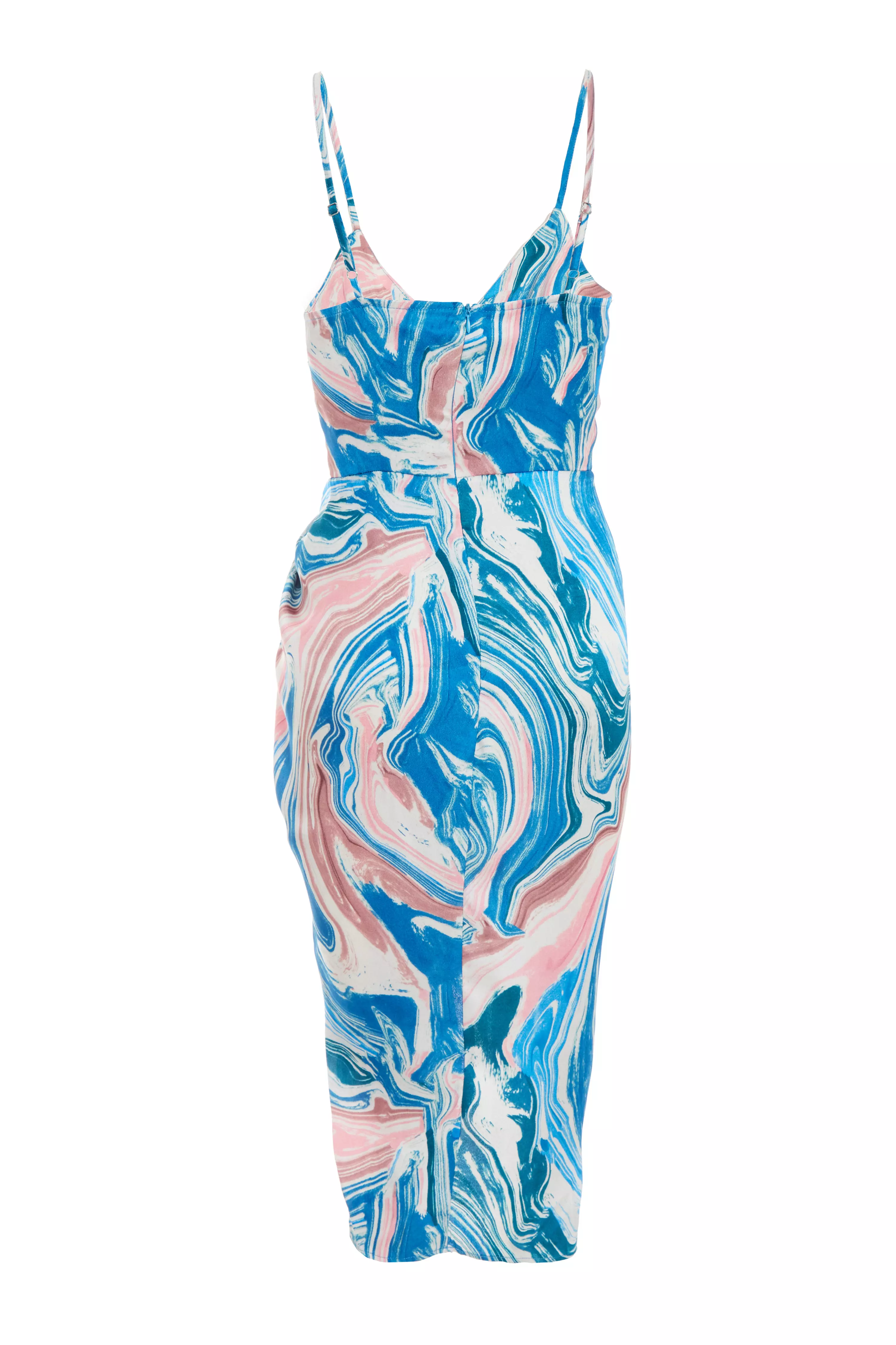 Petite Blue Satin Marble Print Ruched Midi Dress