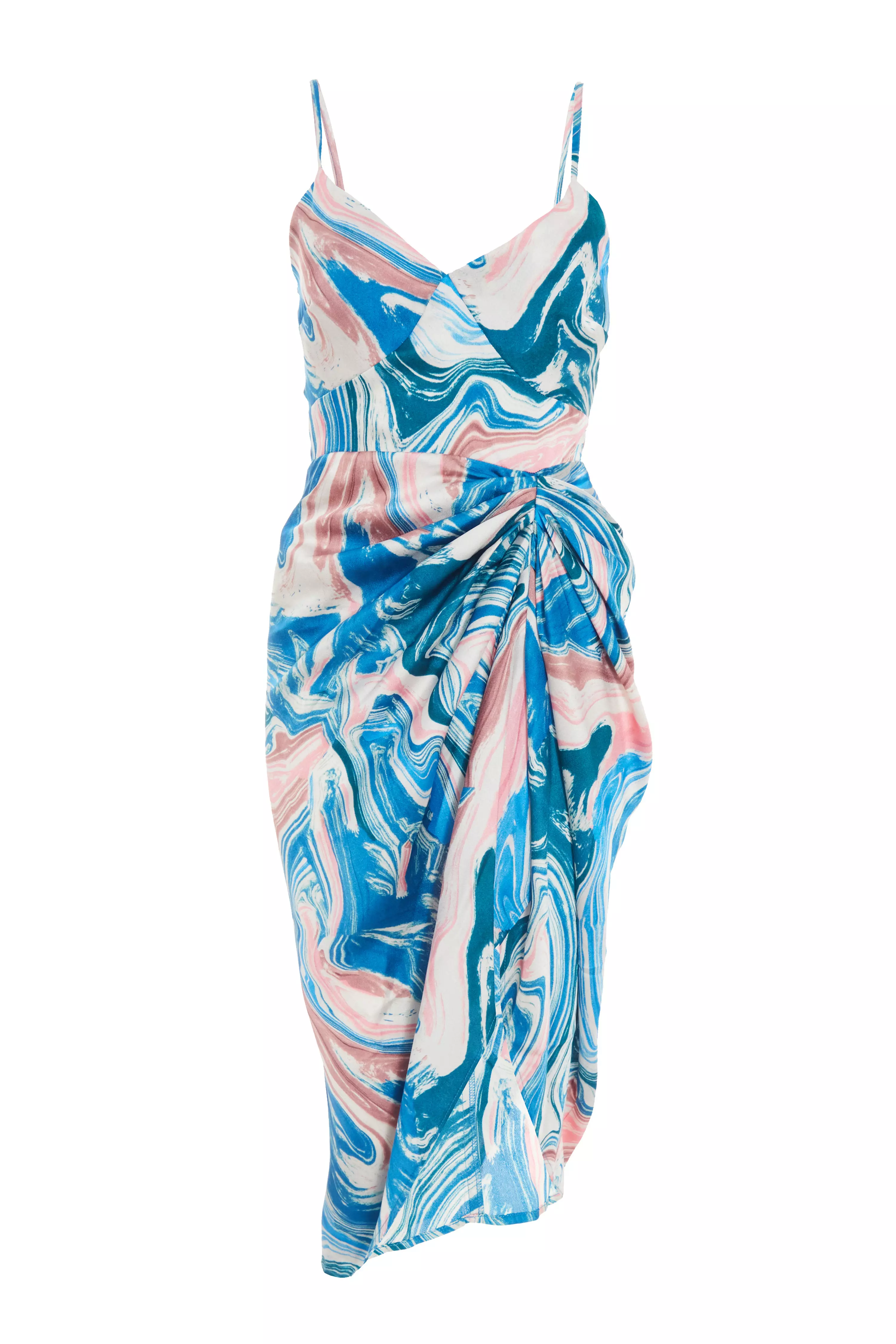 Petite Blue Satin Marble Print Ruched Midi Dress