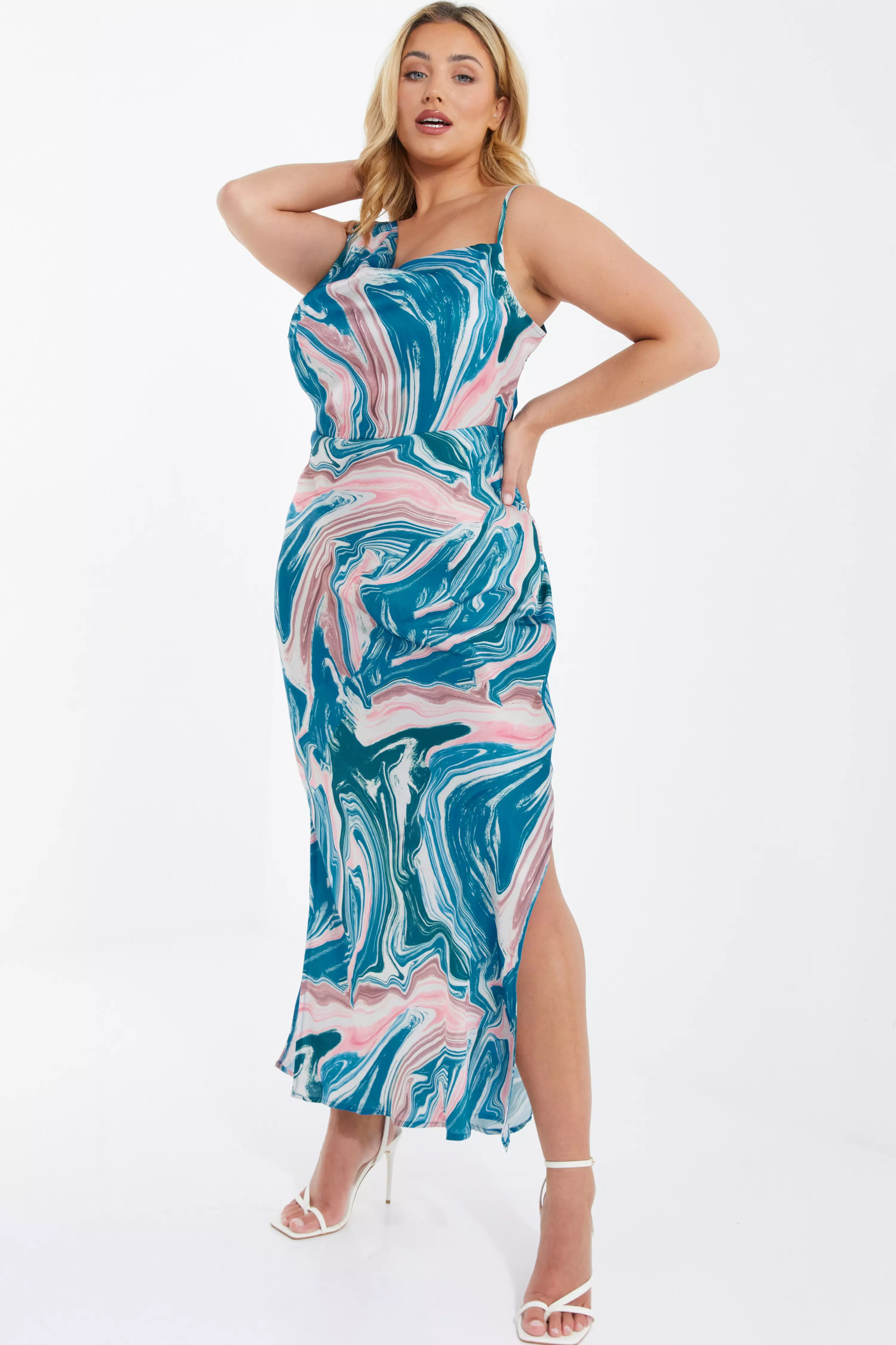 Curve Blue Satin Marble Print One Shoulder Midaxi Dress